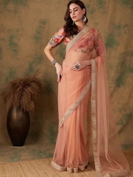 Embroidered Bordered Net Sarees