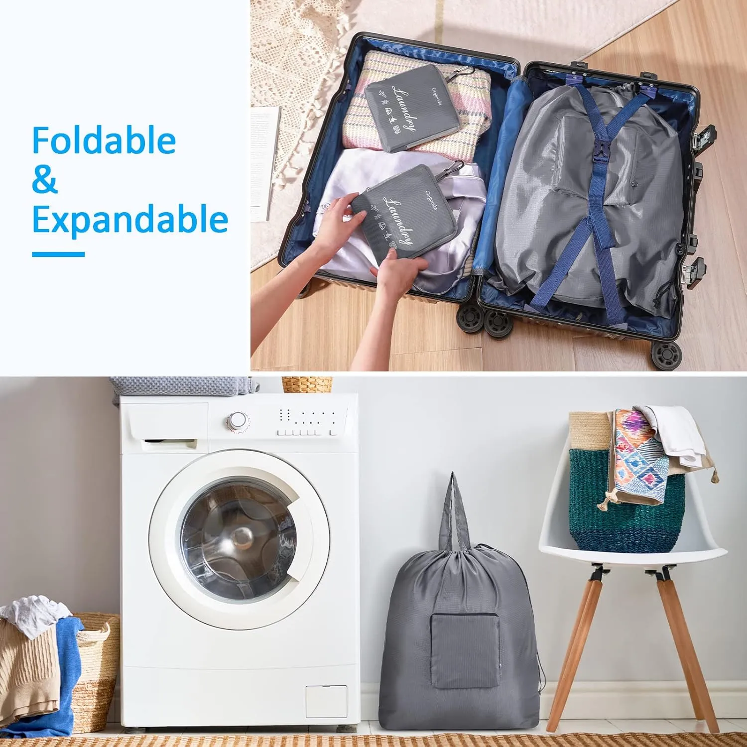GOGOODA Travel Laundry Bags with Drawstring Closure XL Large Foldable Dirty Clothes bags with Handle Heavy Duty and Washable for College Dorm Travelling Camping, 2 Pack, Black & Beige