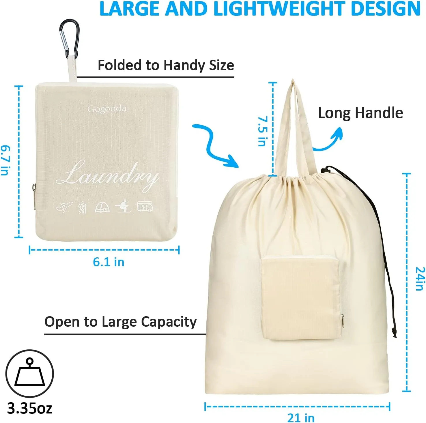 GOGOODA Travel Laundry Bags with Drawstring Closure XL Large Foldable Dirty Clothes bags with Handle Heavy Duty and Washable for College Dorm Travelling Camping, 2 Pack, Black & Beige