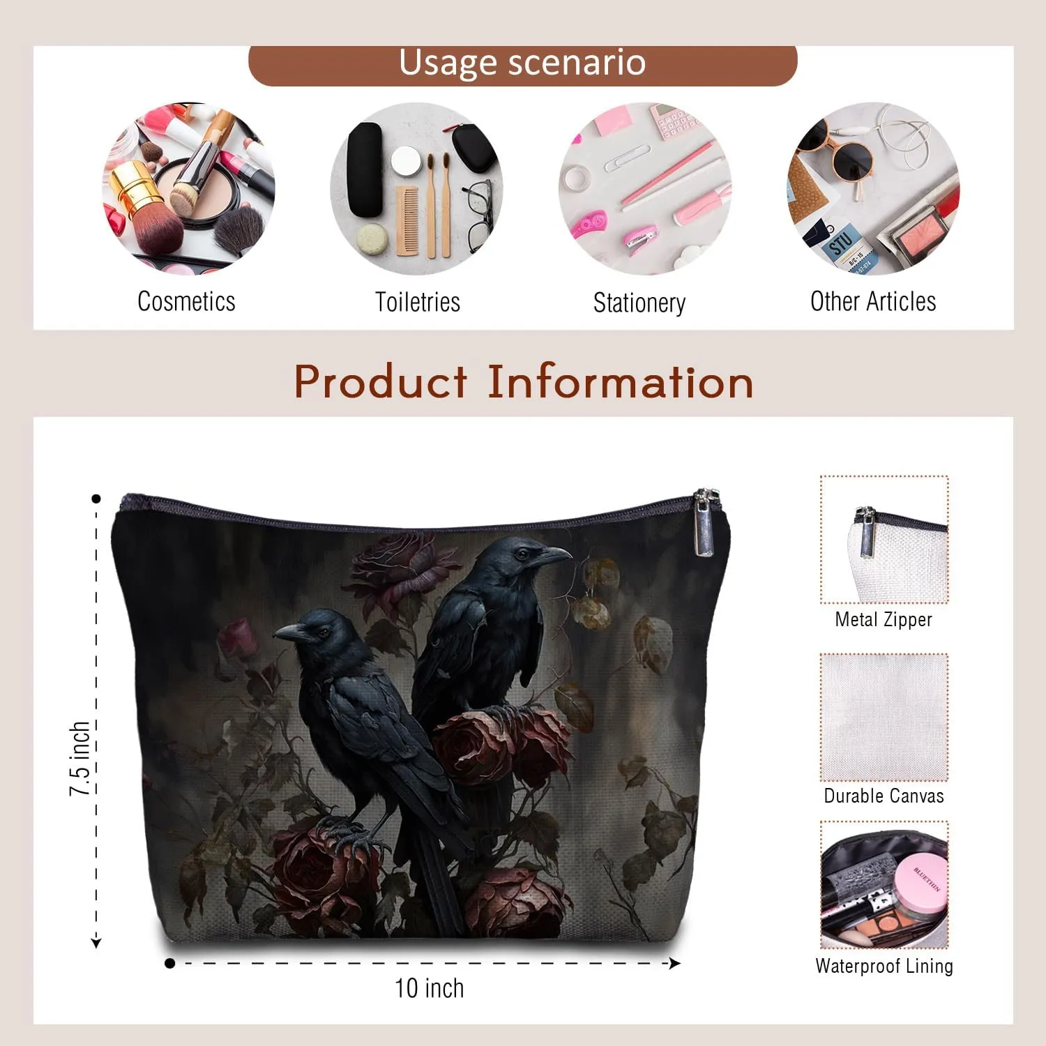 Gothic Raven Couple Makeuo Bag - Goth Couple Gifts for Women, Crow Lovers Gifts, Gothic Women's Zippered Bag for Travel Bag Purse, Crow Cosmetic Bag for Women