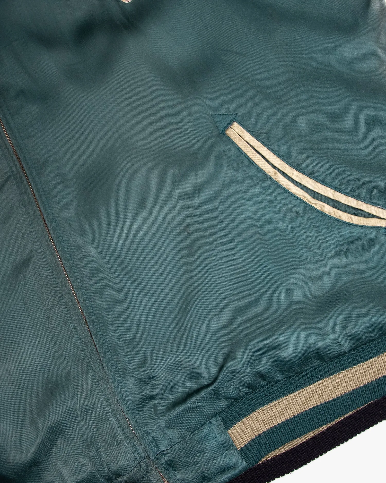Japanese Repro Souvenir Jacket, Reversible, Green with Goldfish, Cherry Blossoms, and Mountain
