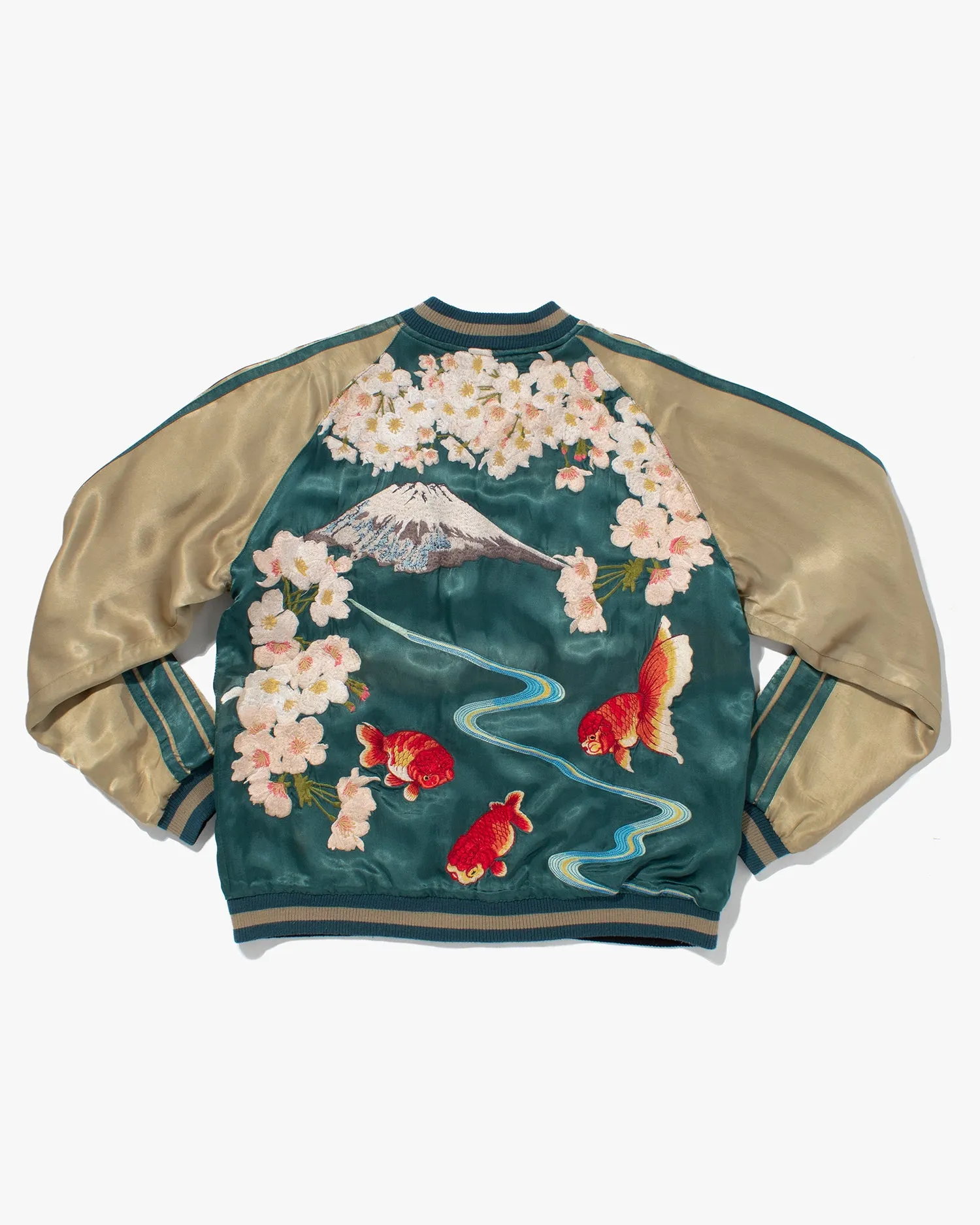 Japanese Repro Souvenir Jacket, Reversible, Green with Goldfish, Cherry Blossoms, and Mountain