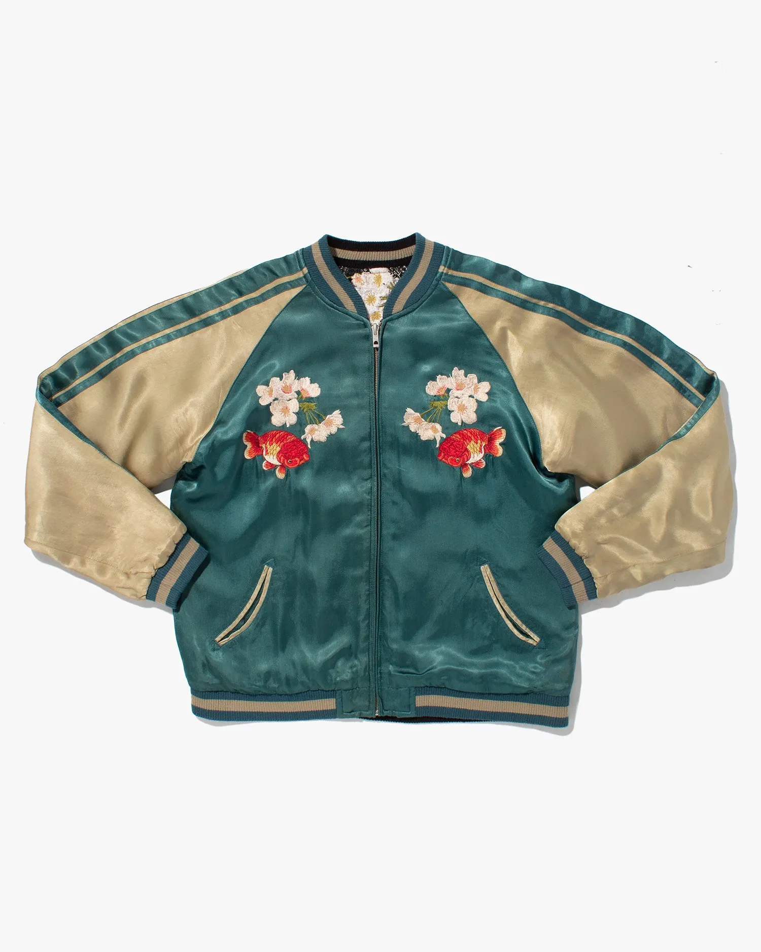 Japanese Repro Souvenir Jacket, Reversible, Green with Goldfish, Cherry Blossoms, and Mountain