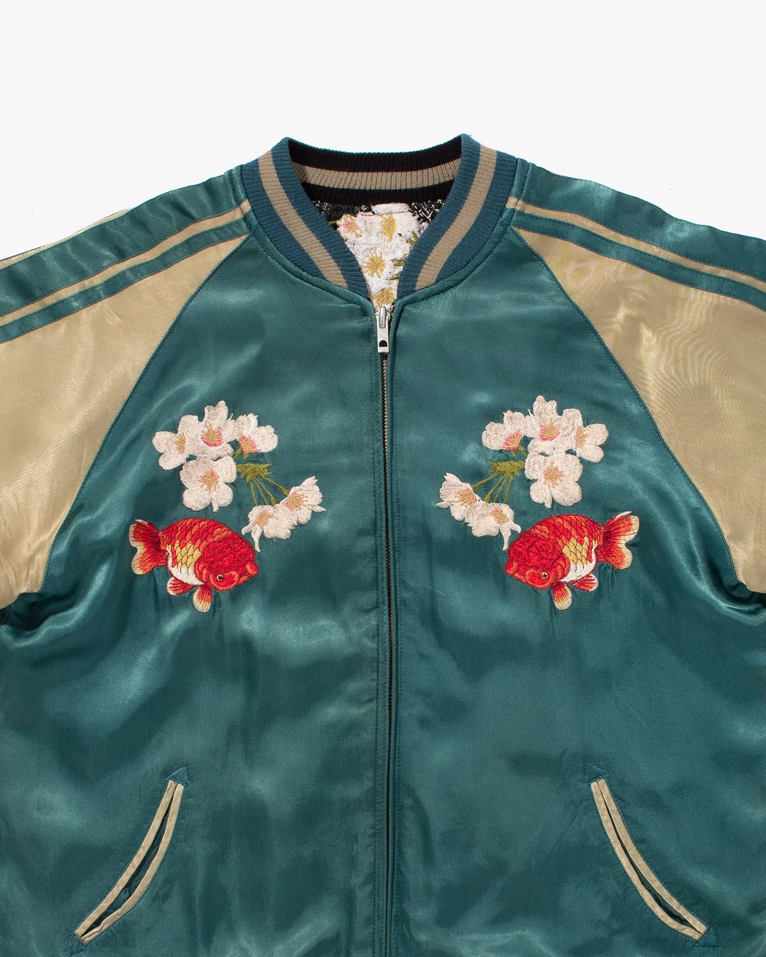 Japanese Repro Souvenir Jacket, Reversible, Green with Goldfish, Cherry Blossoms, and Mountain