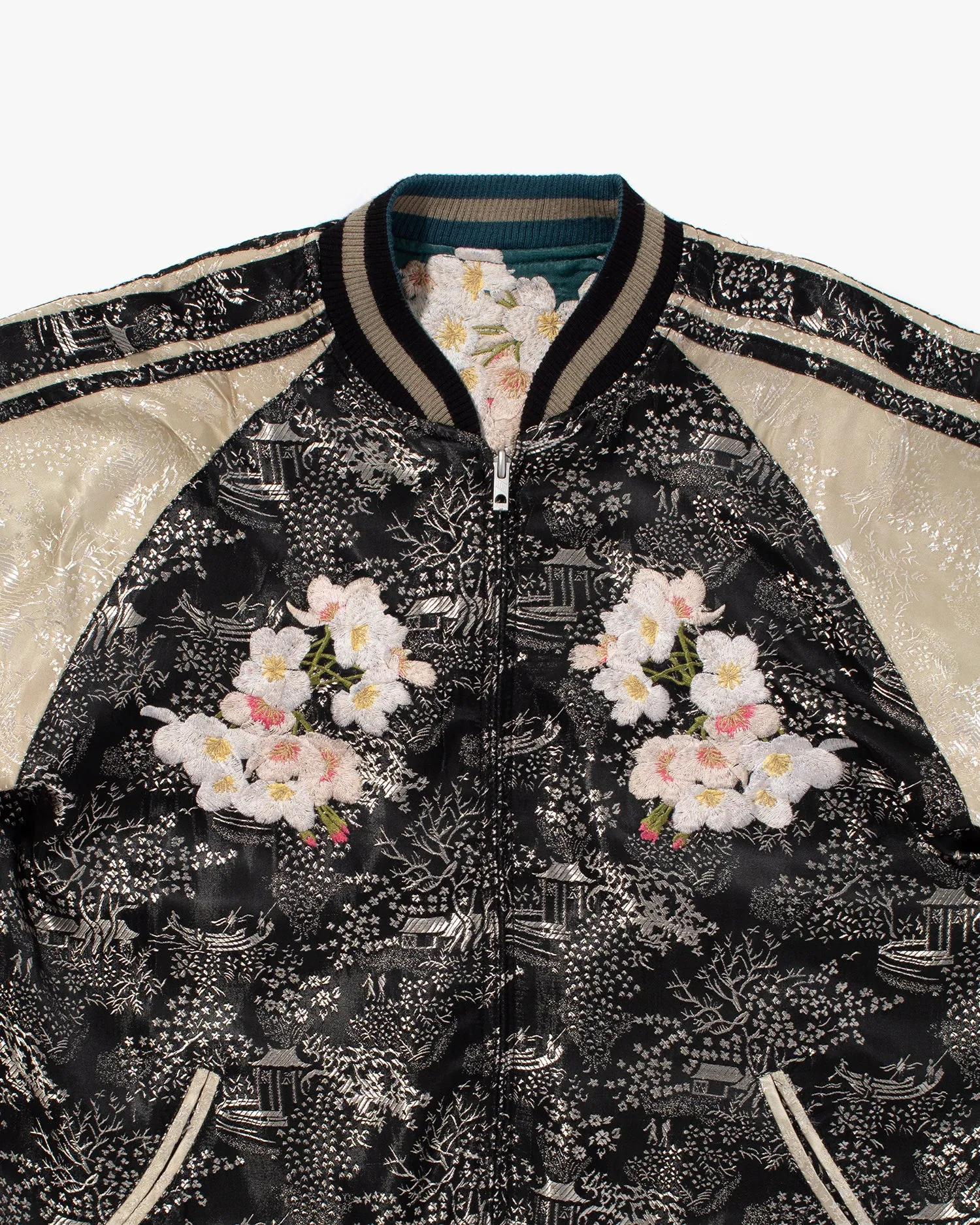 Japanese Repro Souvenir Jacket, Reversible, Green with Goldfish, Cherry Blossoms, and Mountain