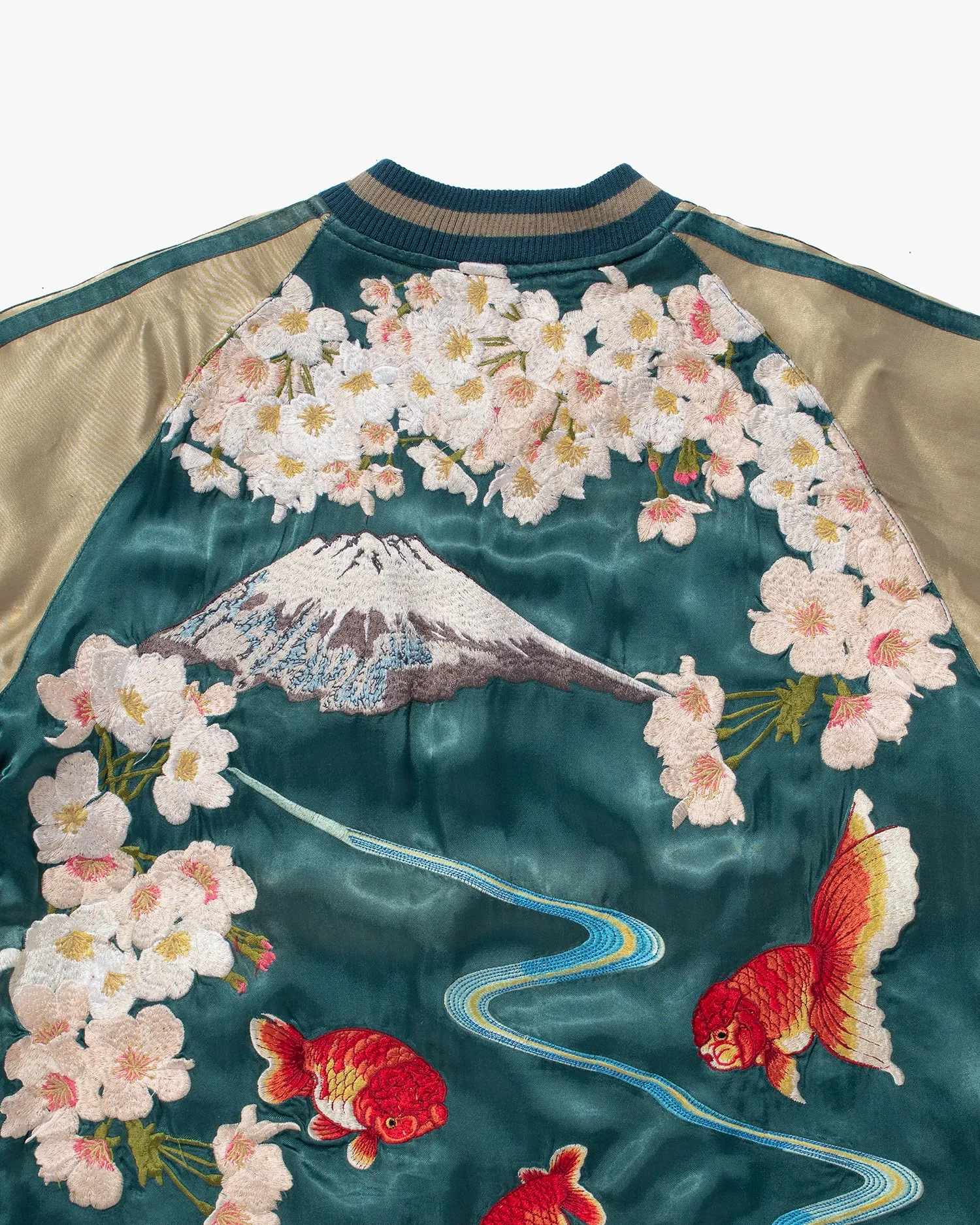 Japanese Repro Souvenir Jacket, Reversible, Green with Goldfish, Cherry Blossoms, and Mountain