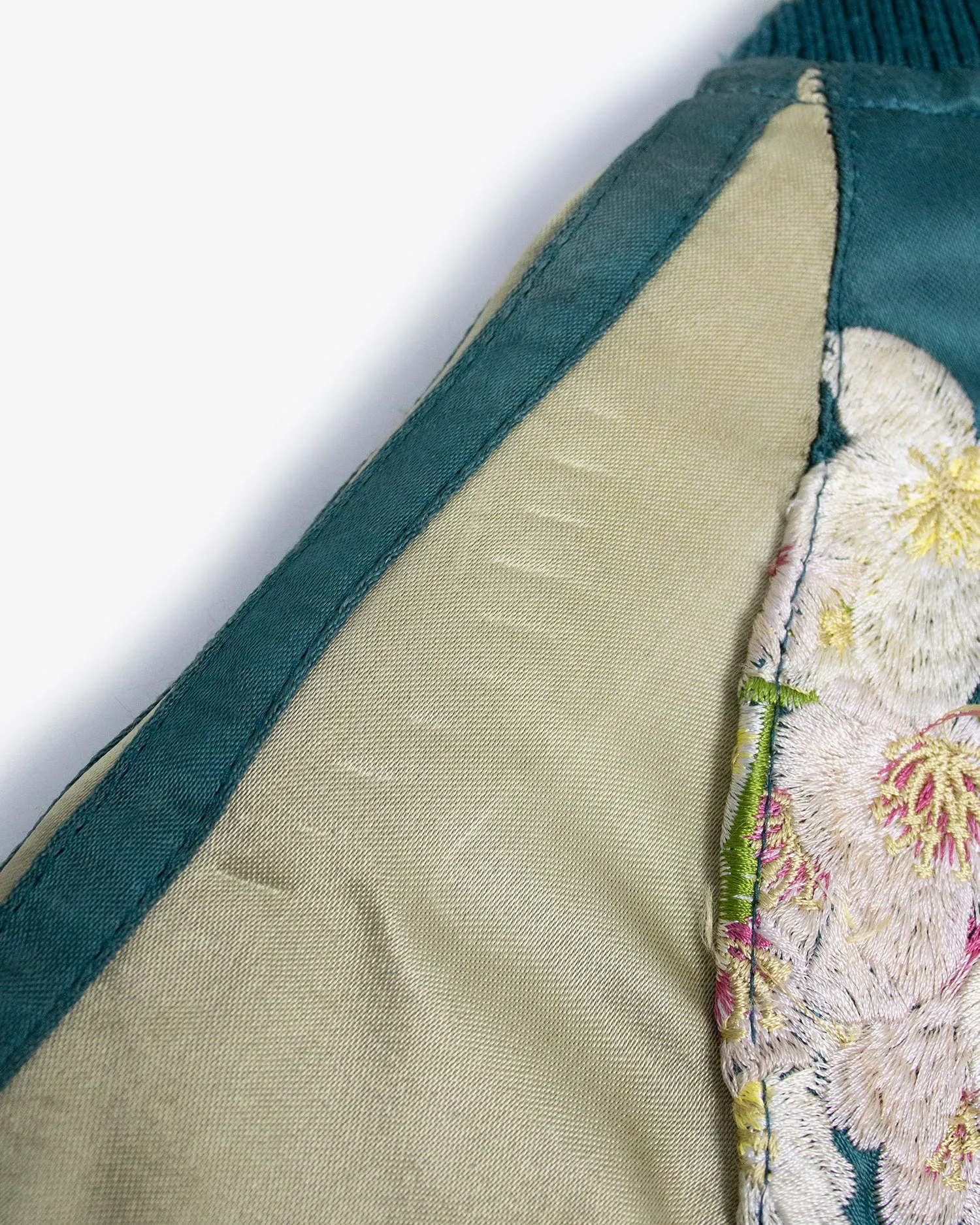 Japanese Repro Souvenir Jacket, Reversible, Green with Goldfish, Cherry Blossoms, and Mountain