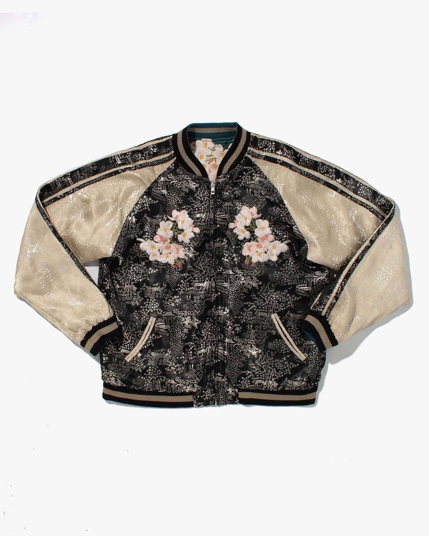 Japanese Repro Souvenir Jacket, Reversible, Green with Goldfish, Cherry Blossoms, and Mountain