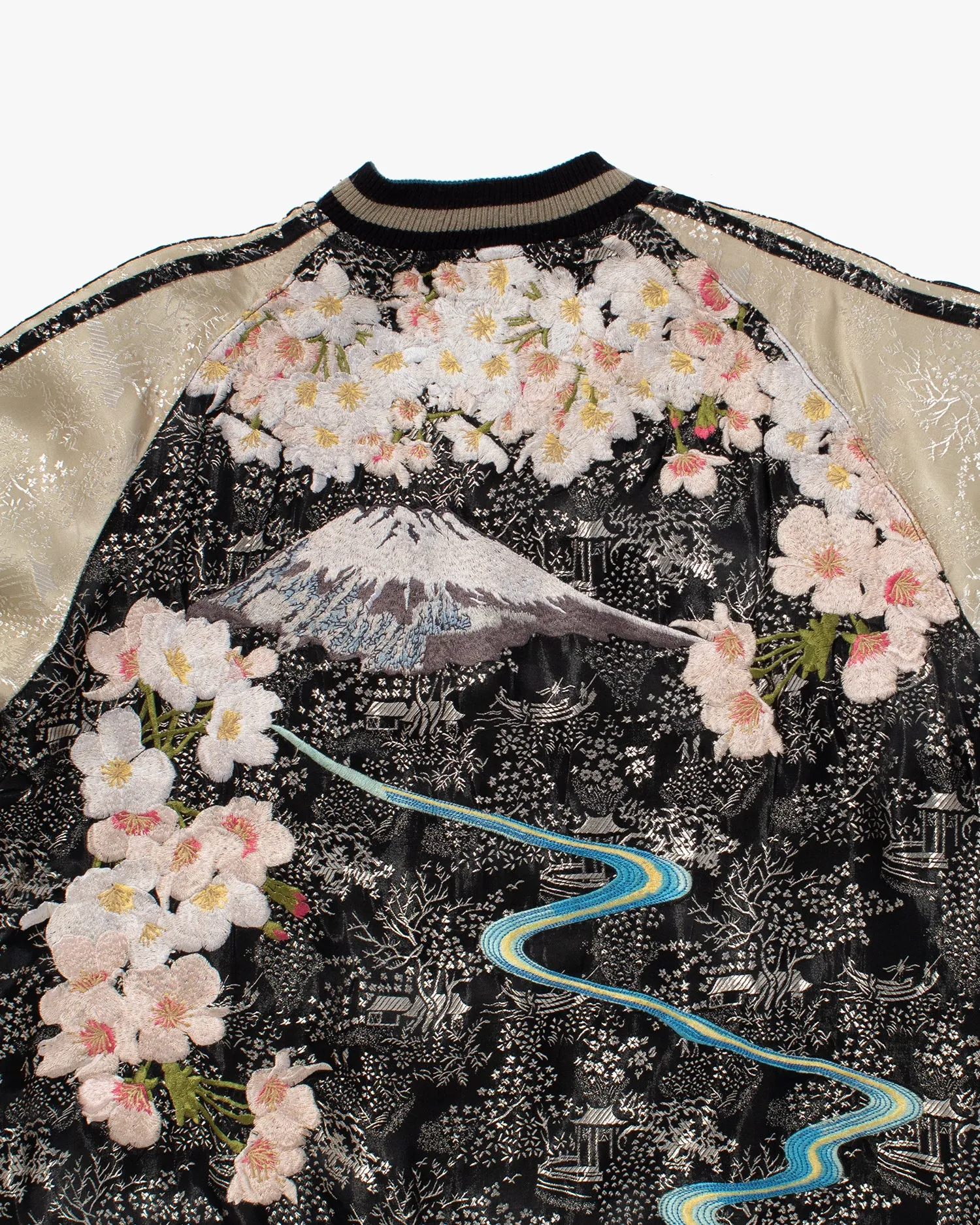 Japanese Repro Souvenir Jacket, Reversible, Green with Goldfish, Cherry Blossoms, and Mountain
