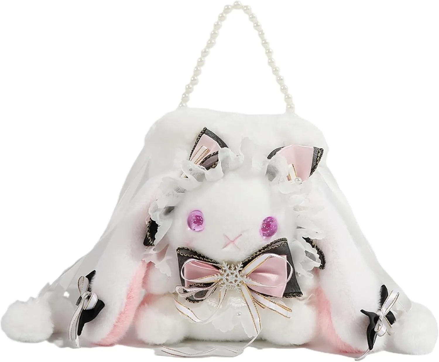 Kawaii Purse Bunny Crossbody Bag for Women, Cute Y2k Anime Purse with Lace Bow, Lolita Accessories Plush Bag Outdoor