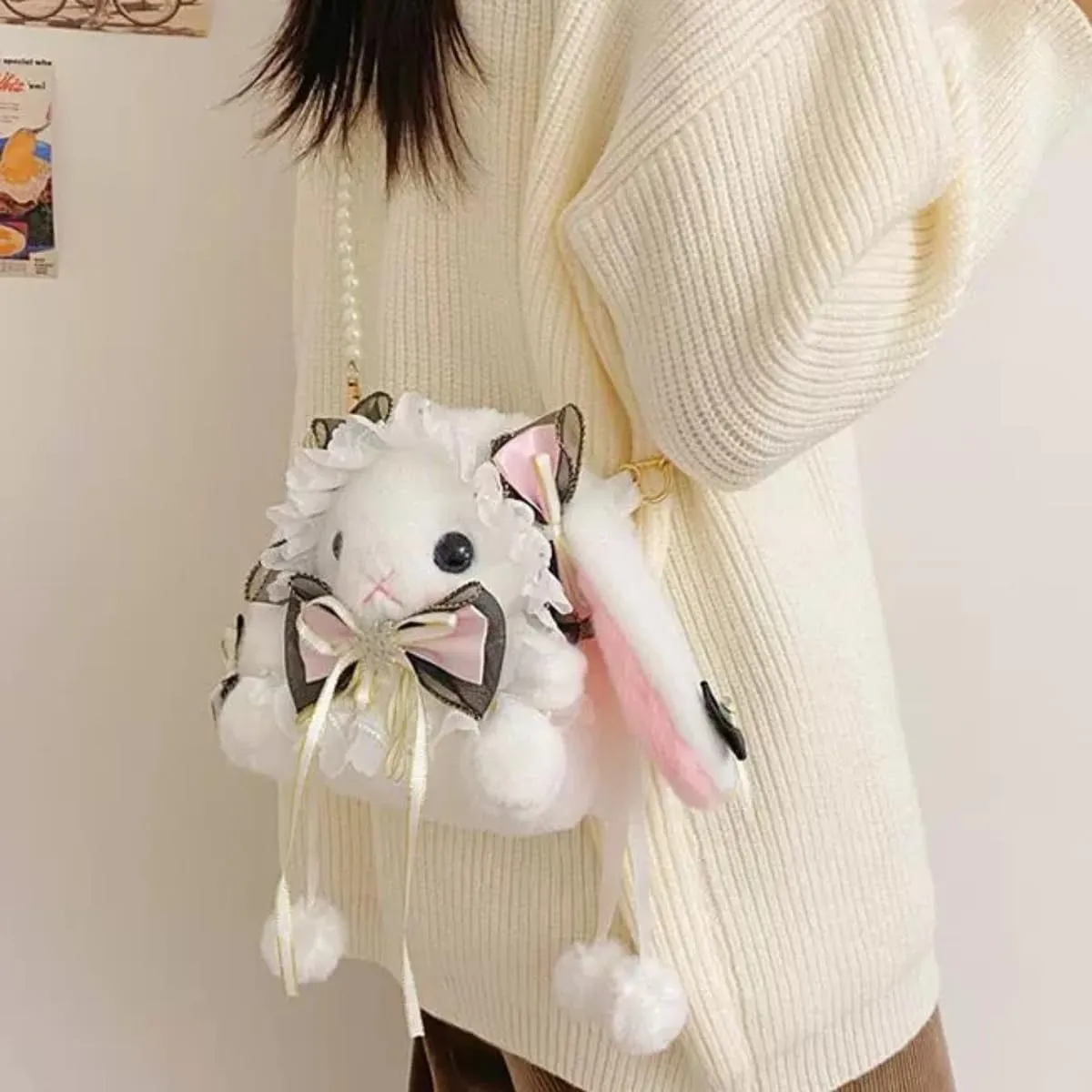 Kawaii Purse Bunny Crossbody Bag for Women, Cute Y2k Anime Purse with Lace Bow, Lolita Accessories Plush Bag Outdoor