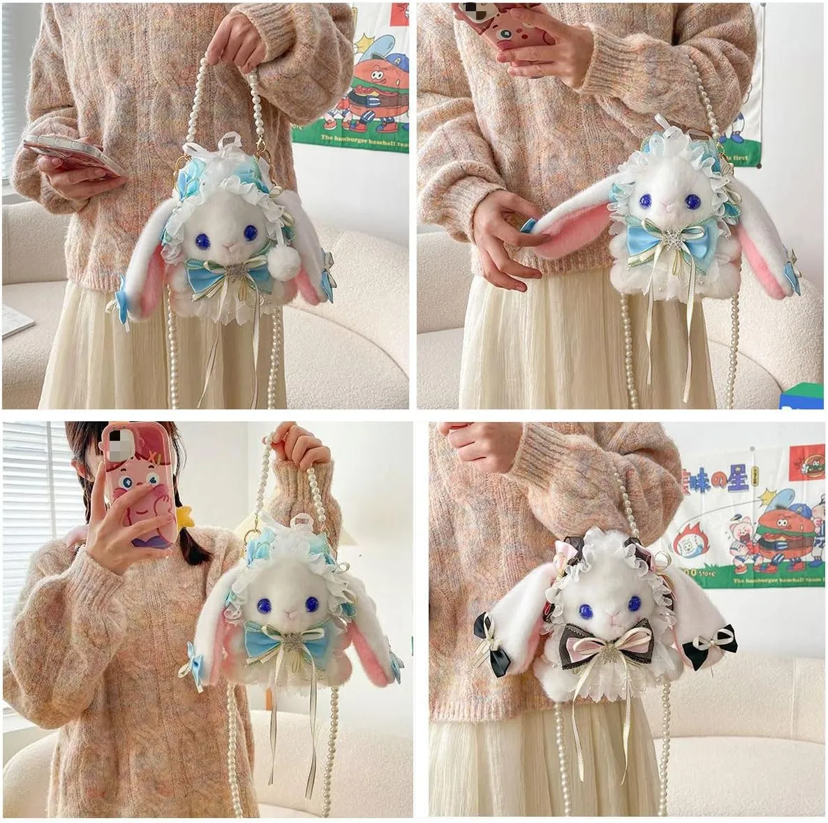 Kawaii Purse Bunny Crossbody Bag for Women, Cute Y2k Anime Purse with Lace Bow, Lolita Accessories Plush Bag Outdoor