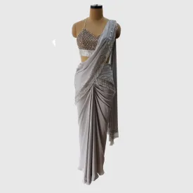 Light Grey Pre-Draped Saree Set