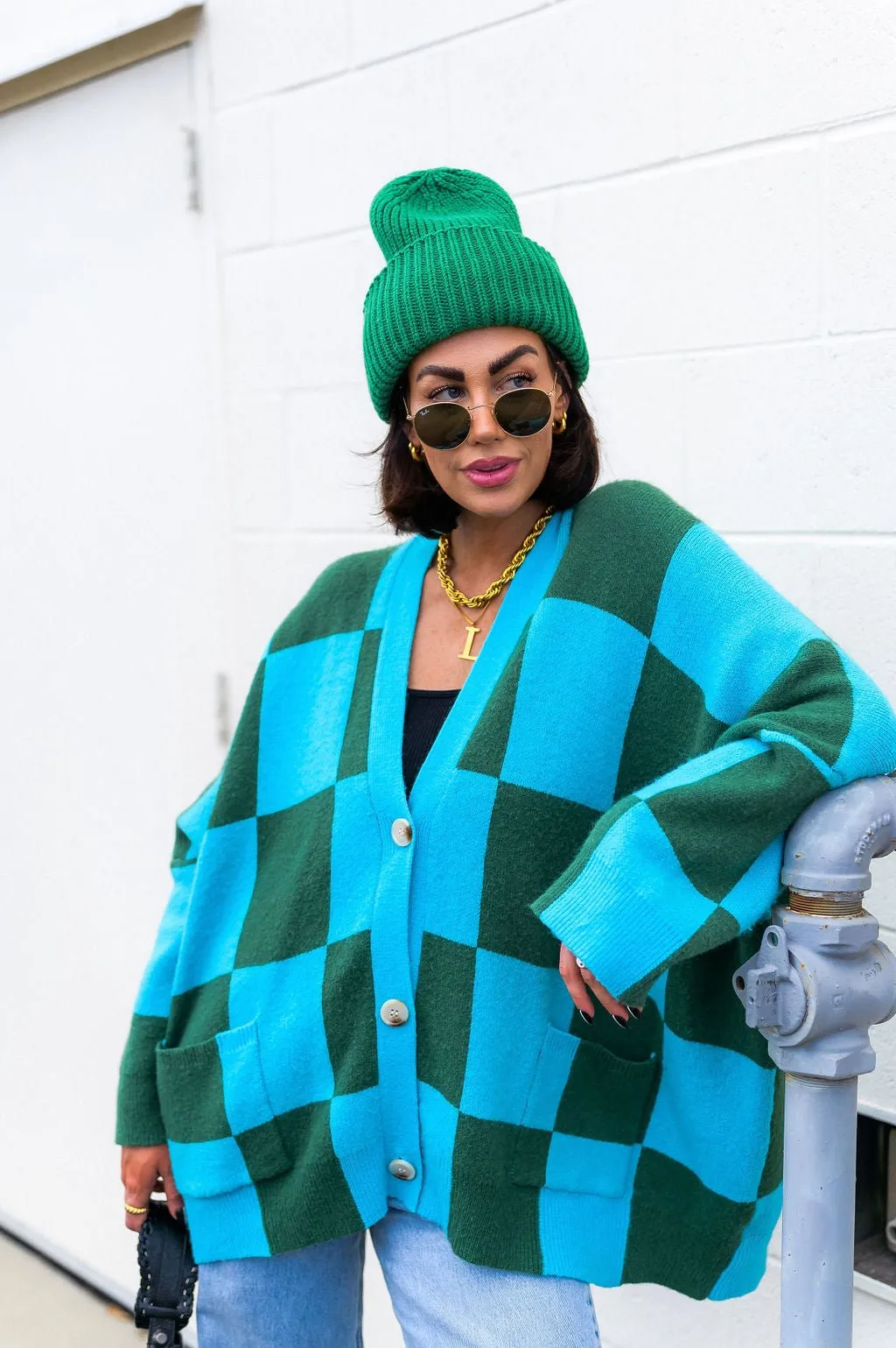Love You Oversized Checkerboard Cardigan in Emerald   Sky