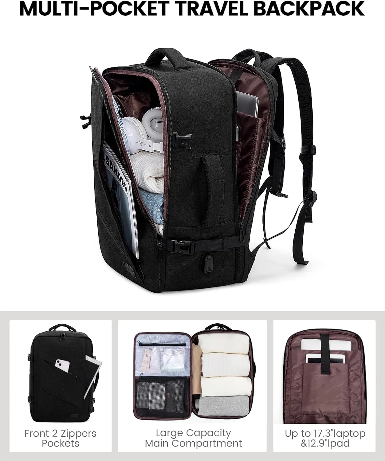 LOVEVOOK Carry on Travel Backpack, Large 50L for Men & Women Flight Approved with USB Charging Port&3 Packing Cubes, Large Suitcase Water Resistant Luggage Daypack Business Weekender Bag, Black