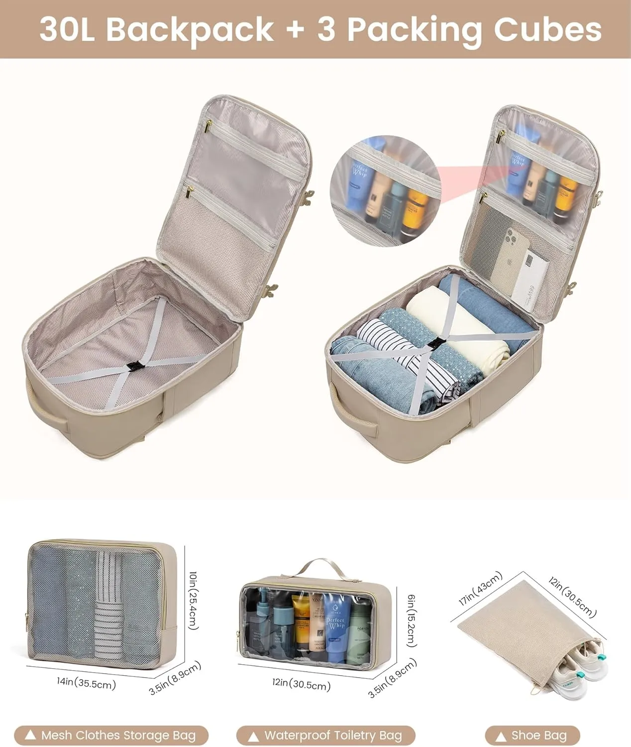 LOVEVOOK Large Travel Backpack for Women, Carry On Bag Backpack Flight Approved, 30L TSA Personal Item Travel Bag with 3 Packing Cubes, Waterproof 16 Inch Laptop Hiking Casual Bag Backpack