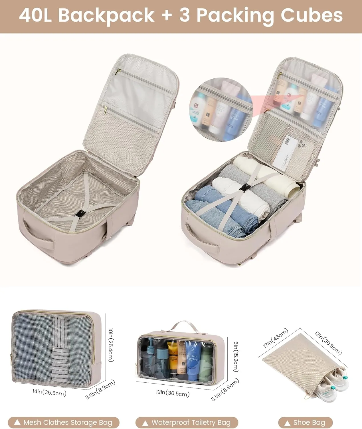 LOVEVOOK Large Travel Backpack for Women, Carry On Bag Flight Approved, 40L TSA Personal Item Travel Bag with 3 Packing Cubes, Waterproof 17 Inch Laptop Hiking Casual Backpack