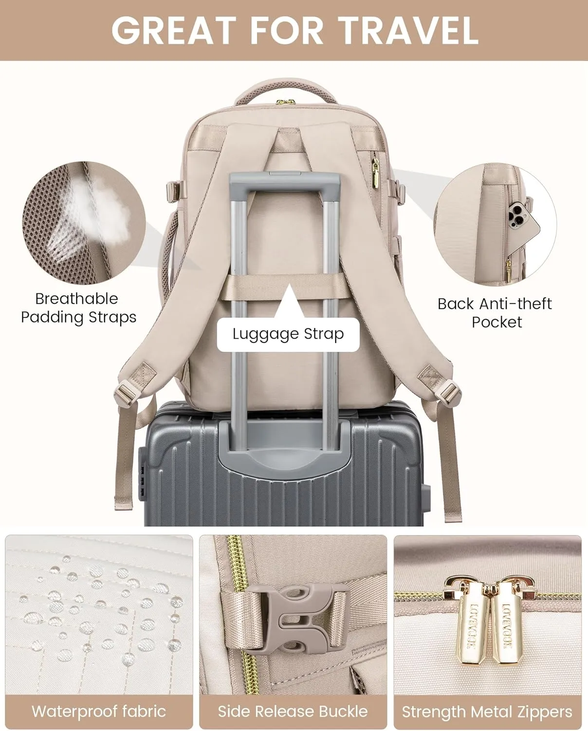 LOVEVOOK Large Travel Backpack for Women, Carry On Bag Flight Approved, 40L TSA Personal Item Travel Bag with 3 Packing Cubes, Waterproof 17 Inch Laptop Hiking Casual Backpack