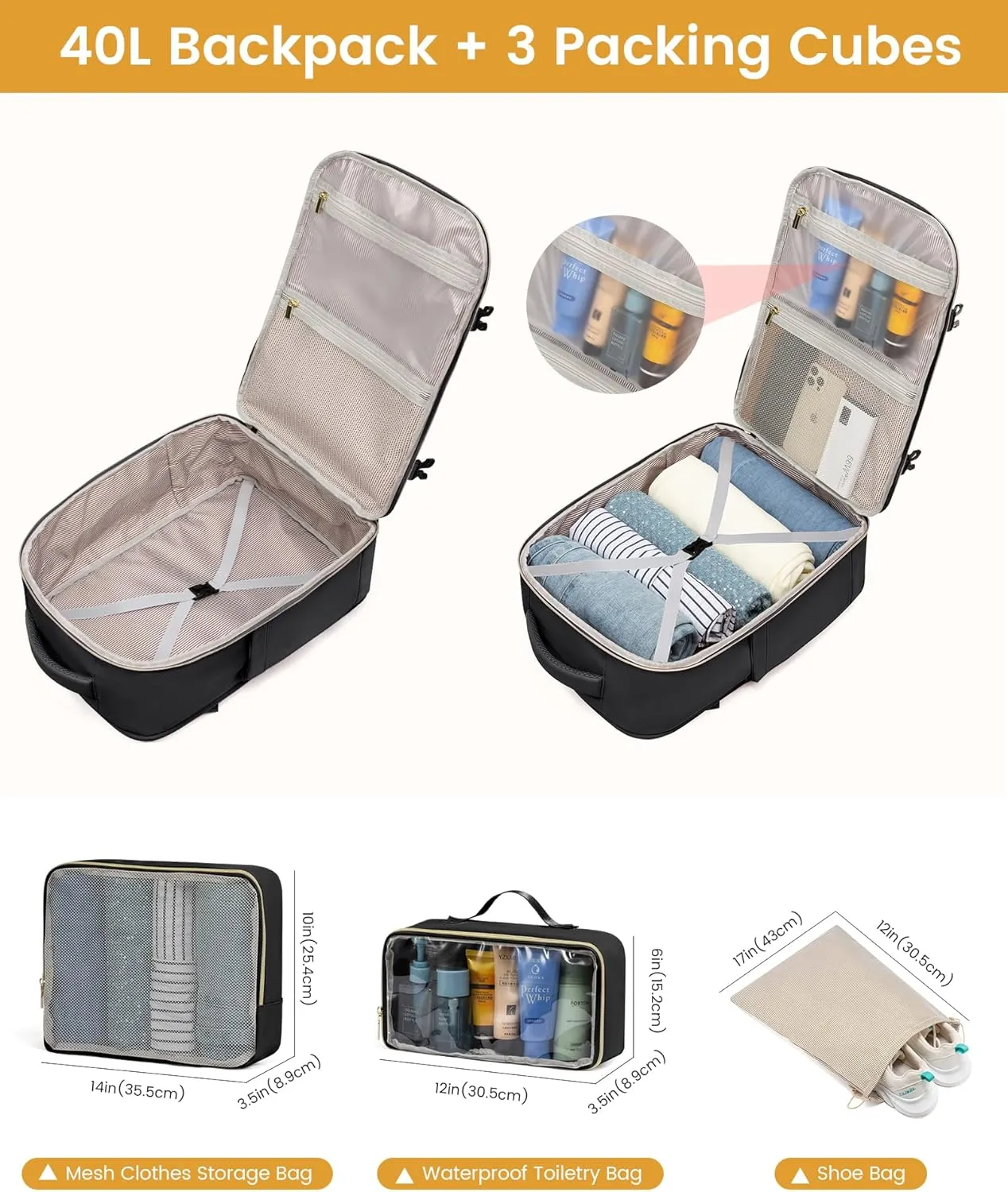 LOVEVOOK Large Travel Backpack for Women, Carry On Bag Flight Approved, 40L TSA Personal Item Travel Bag with 3 Packing Cubes, Waterproof 17 Inch Laptop Hiking Casual Backpack