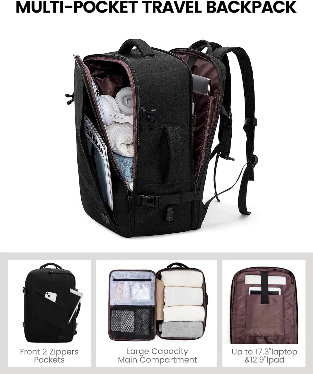 LOVEVOOK Travel Carry on Backpack, Large 40L Personal Item Travel Bag for Men & Women Flight Approved with 3 Packing Cubes, Suitcase Water Resistant Luggage Daypack Business Weekender Bag, Black