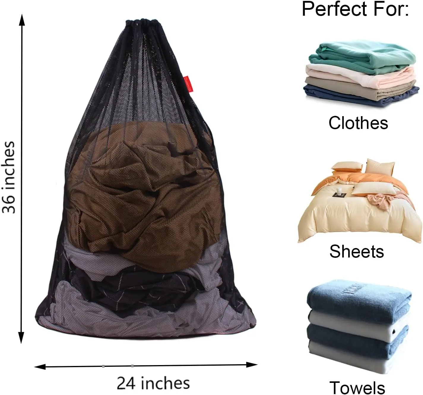 Mesh Laundry Bag Heavy Duty Drawstring Bag, Factories, College, Dorm, Travel and Apartment Dwellers, 24 x 36 Inches, 2 Pack, Black