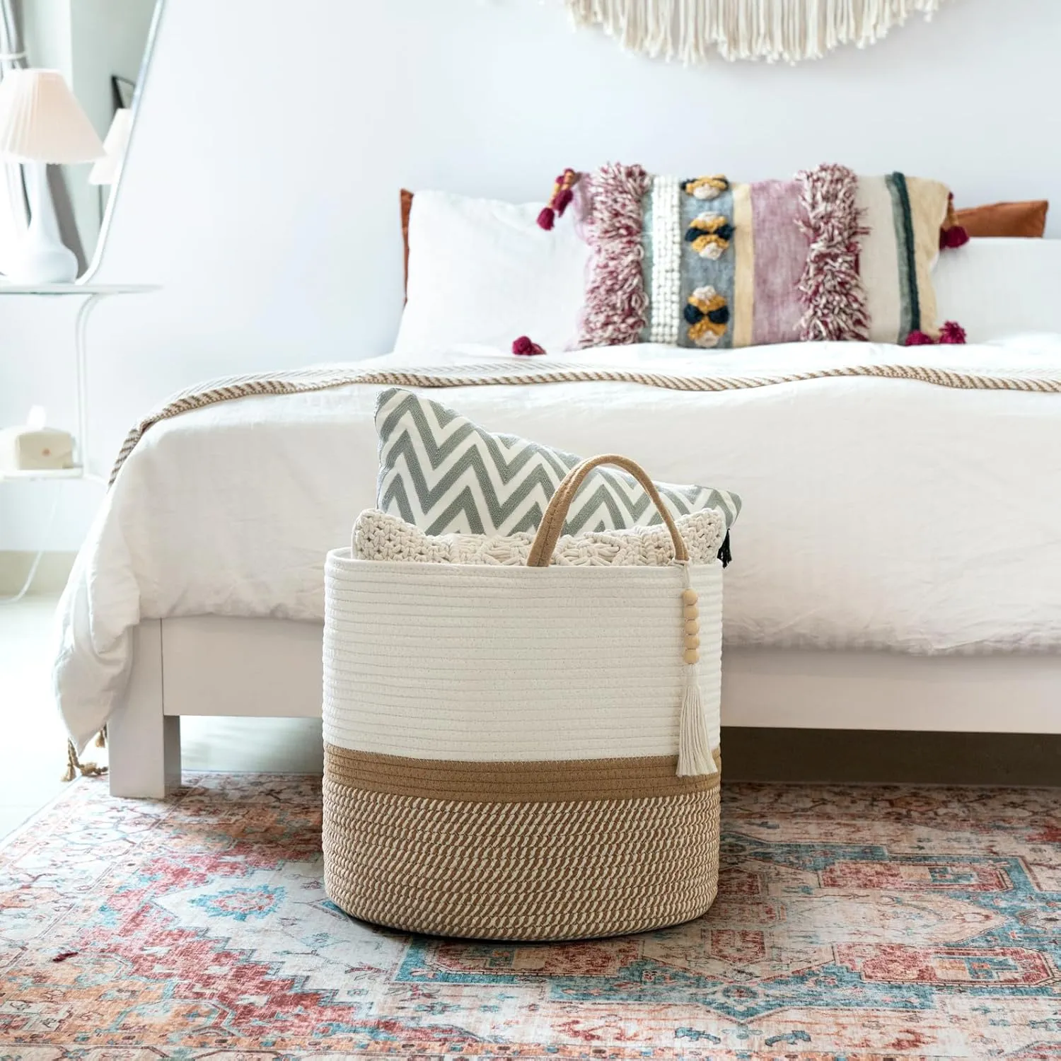 Mkono Woven Storage Basket Decorative Natural Rope Basket Wooden Bead Decoration for Blankets,Toys,Clothes,Shoes,Plant Organizer Bin with Handles Living Room Home Decor, 16"W13.8"L, White and Brown