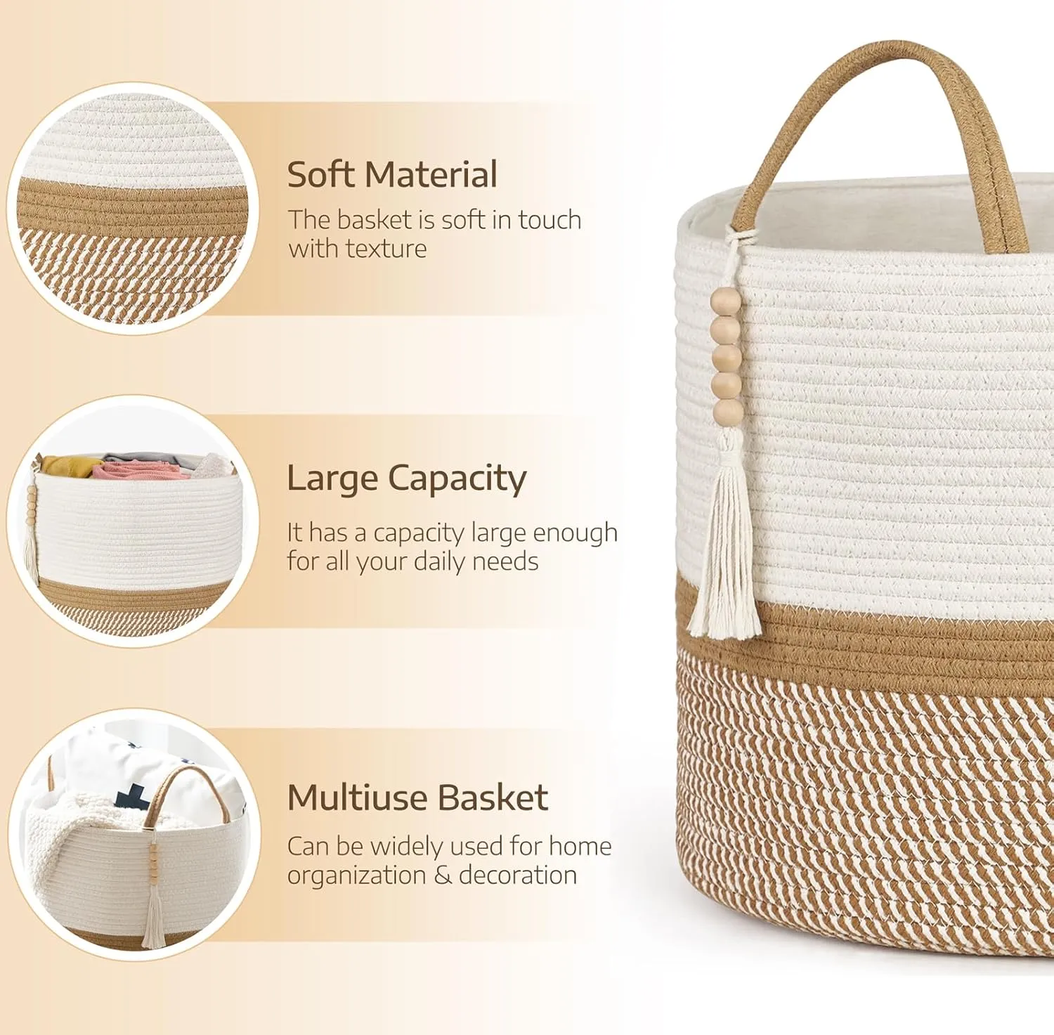 Mkono Woven Storage Basket Decorative Natural Rope Basket Wooden Bead Decoration for Blankets,Toys,Clothes,Shoes,Plant Organizer Bin with Handles Living Room Home Decor, 16"W13.8"L, White and Brown