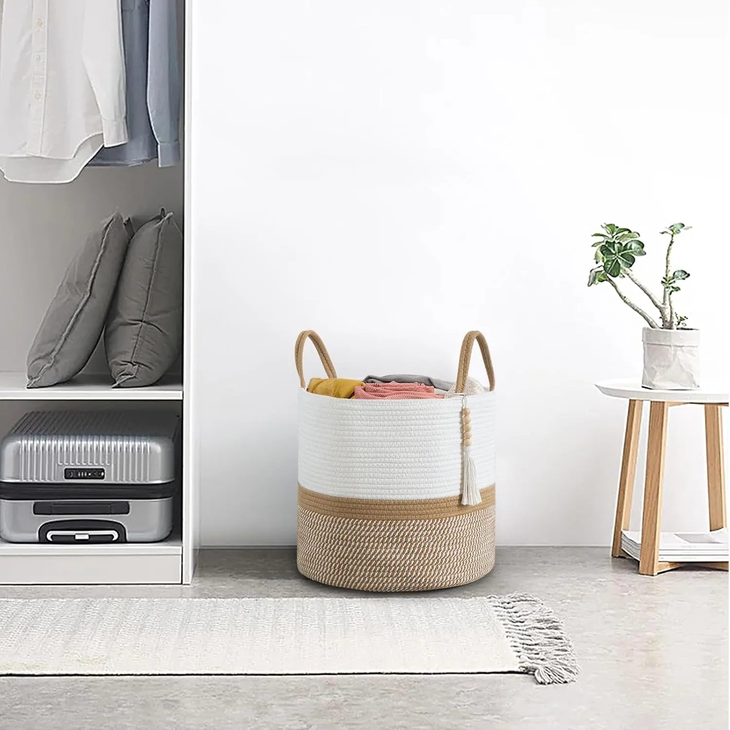 Mkono Woven Storage Basket Decorative Natural Rope Basket Wooden Bead Decoration for Blankets,Toys,Clothes,Shoes,Plant Organizer Bin with Handles Living Room Home Decor, 16"W13.8"L, White and Brown