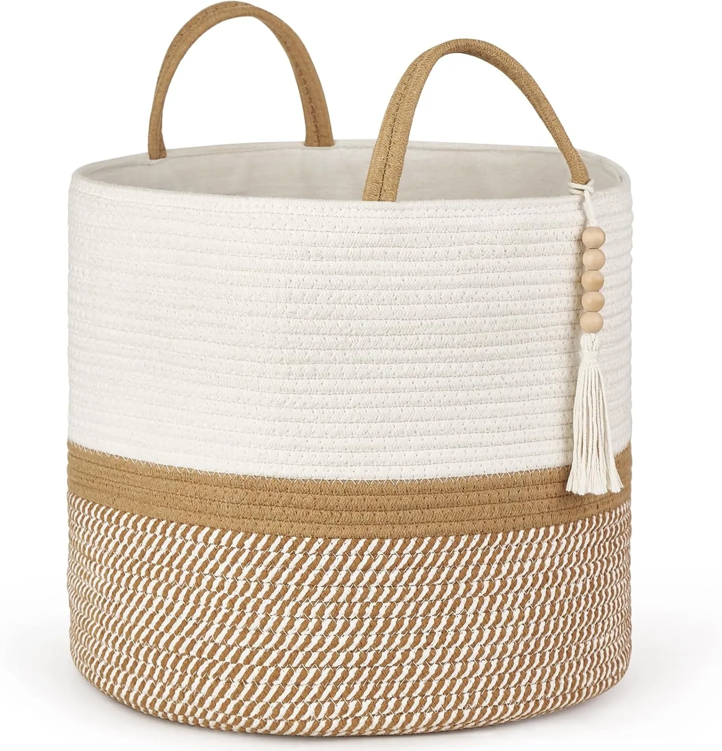 Mkono Woven Storage Basket Decorative Natural Rope Basket Wooden Bead Decoration for Blankets,Toys,Clothes,Shoes,Plant Organizer Bin with Handles Living Room Home Decor, 16"W13.8"L, White and Brown