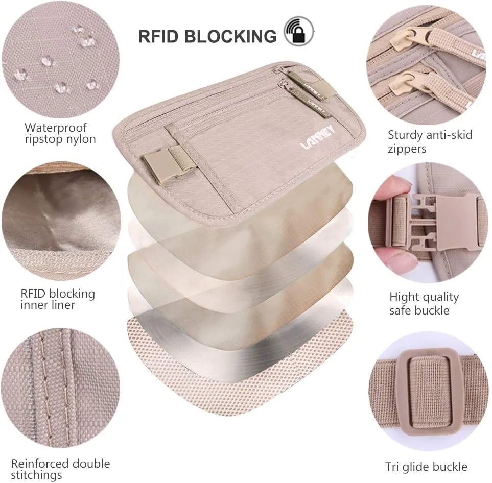 Money Belt for Travel, Slim RFID Blocking Women and Men Hidden Travel Pouch Under Clothes, Passport Holder Protect Cash, Documents, Credit Card, Bonus 2 RFID Sleeves