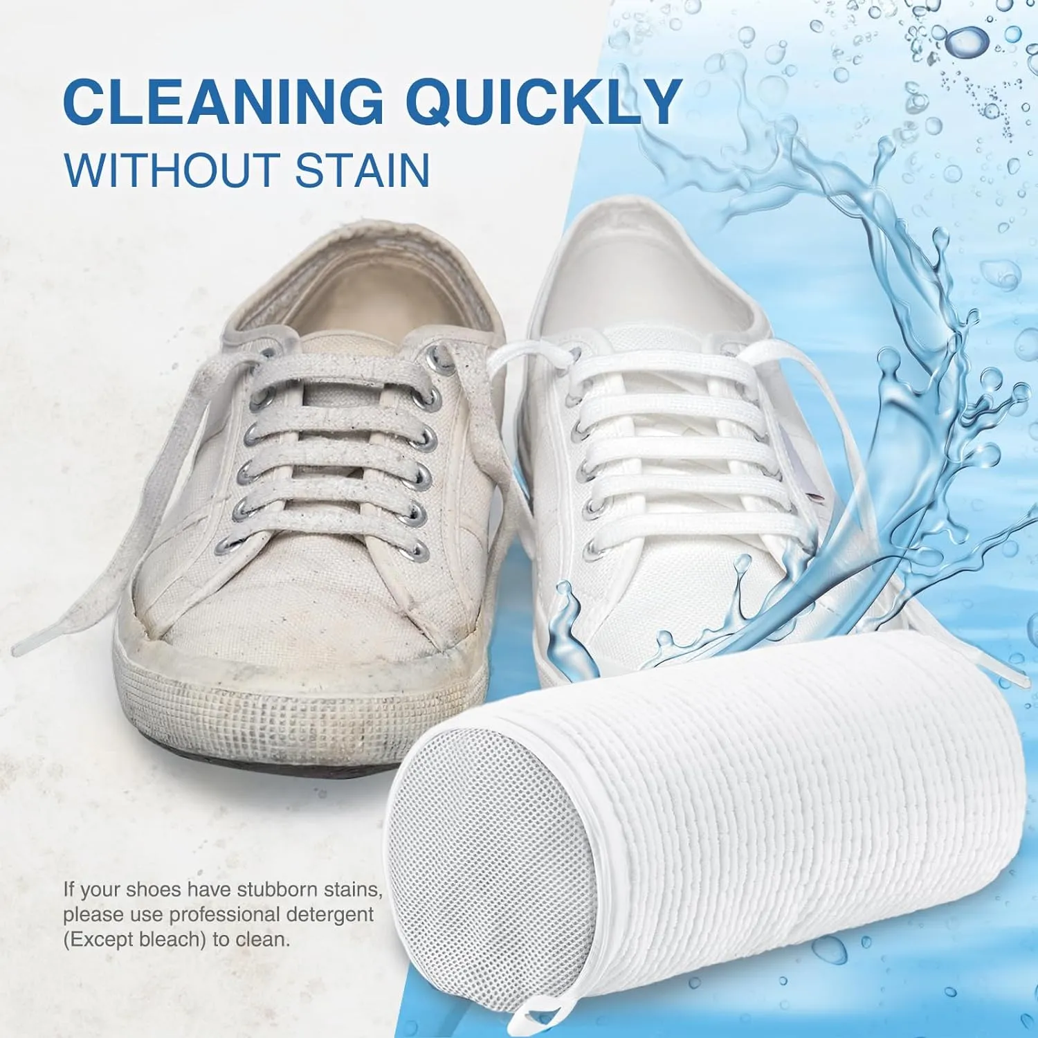 Shoe Washing Bag for Washing Machine, Fluffy Fibers Keep 360° Wrap-around Cleaning, 2 Pairs Adjustable Shoe Trees, Durable Hidden Zipper Reusable Shoe Laundry Bag for Sneaker Gym Shoes White