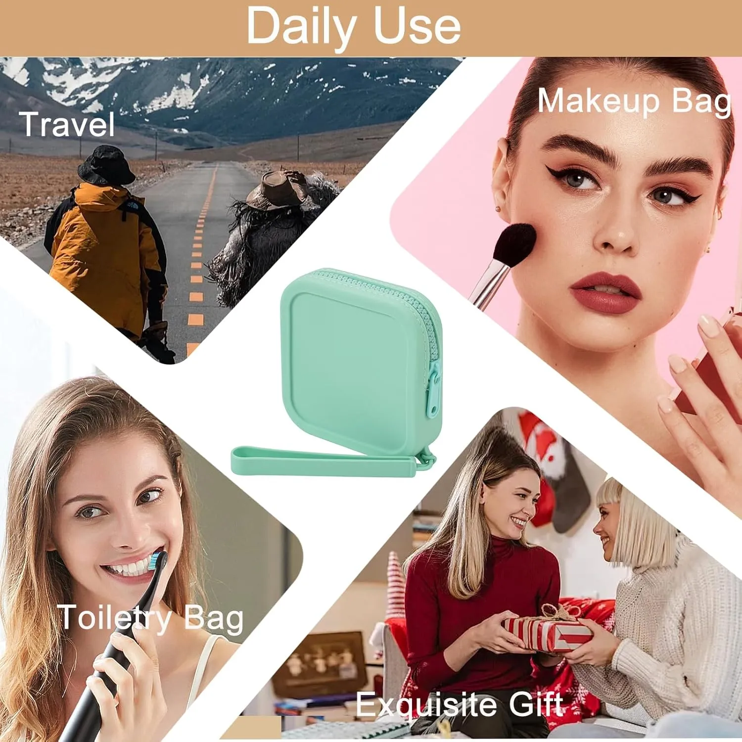 Small Square Portable Silicone Makeup Bag for Women Girls, Small Travel Lovely Waterproof Toiletry Cosmetic Bag, Zipper Closure Organizer Makeup Case with Handle (Green)