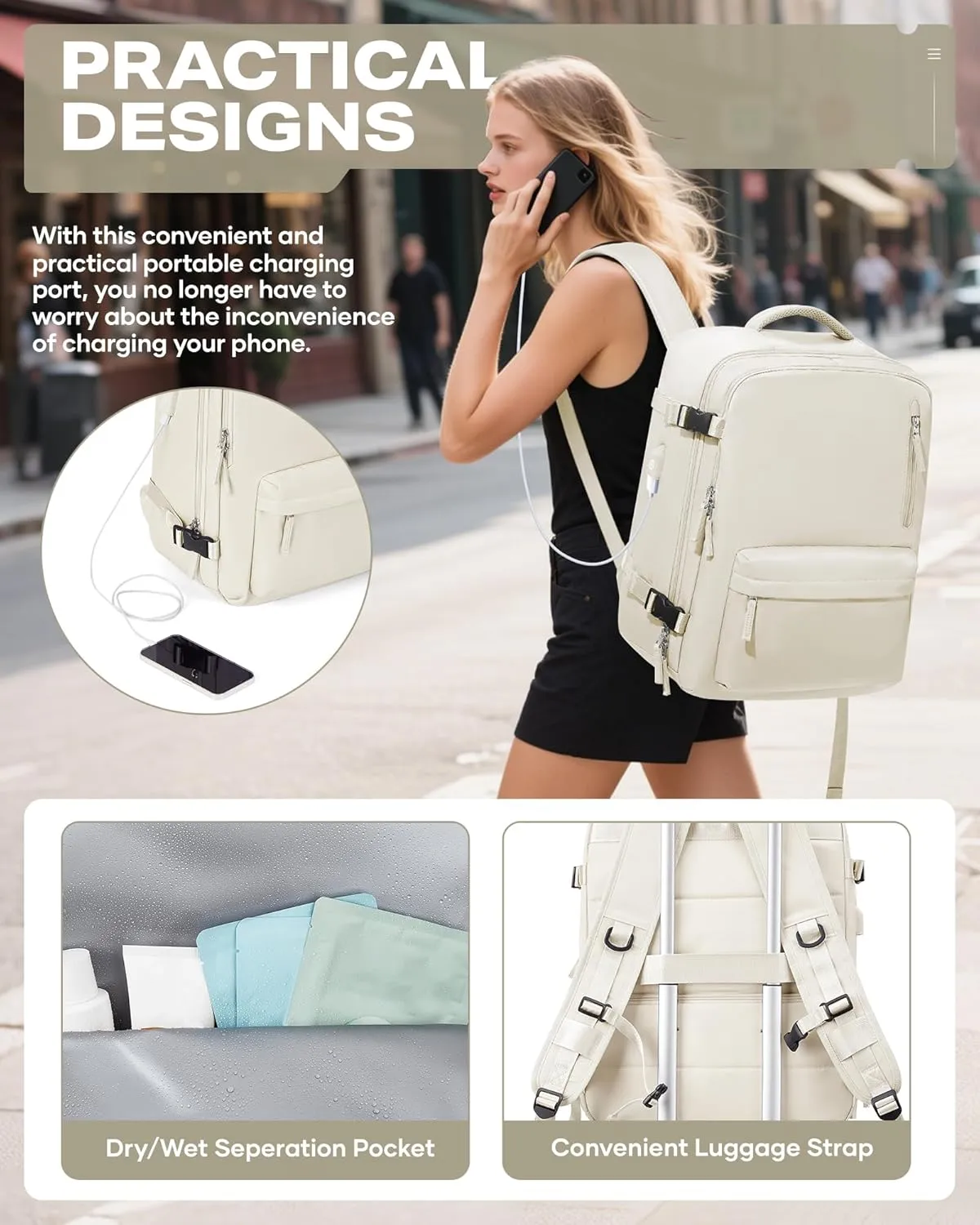 Travel Vacuum Backpack for Women Men, 33L Large Carry on Luggage Spirit United Flight Approved, 18148IN Personal Item Travel Bag with Wet Dry Separation Pocket USB Charging, Beige