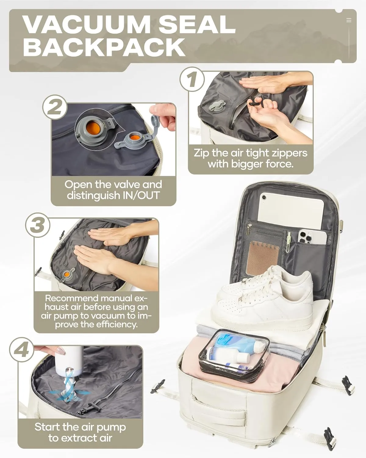 Travel Vacuum Backpack for Women Men, 33L Large Carry on Luggage Spirit United Flight Approved, 18148IN Personal Item Travel Bag with Wet Dry Separation Pocket USB Charging, Beige
