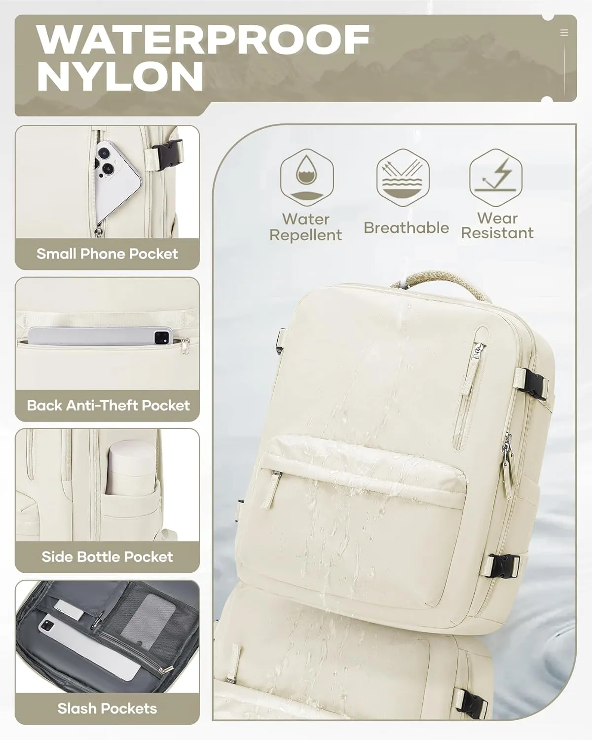 Travel Vacuum Backpack for Women Men, 33L Large Carry on Luggage Spirit United Flight Approved, 18148IN Personal Item Travel Bag with Wet Dry Separation Pocket USB Charging, Beige