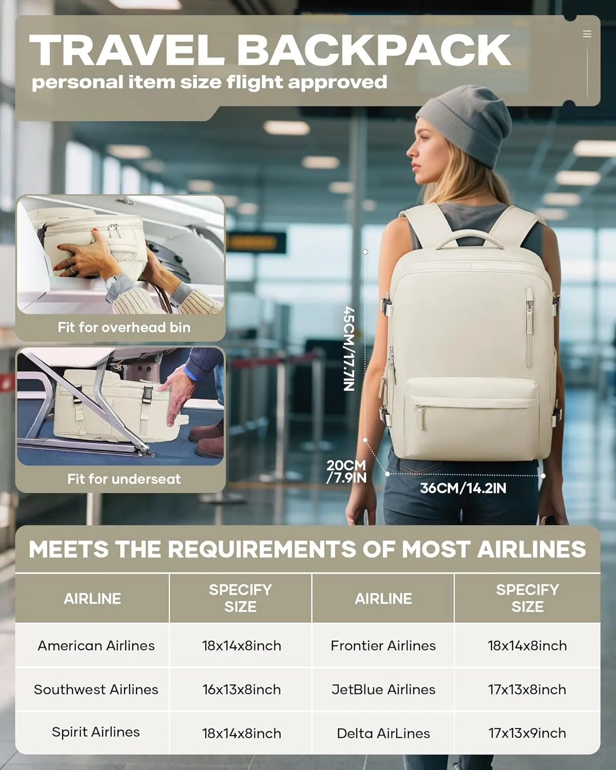 Travel Vacuum Backpack for Women Men, 33L Large Carry on Luggage Spirit United Flight Approved, 18148IN Personal Item Travel Bag with Wet Dry Separation Pocket USB Charging, Beige