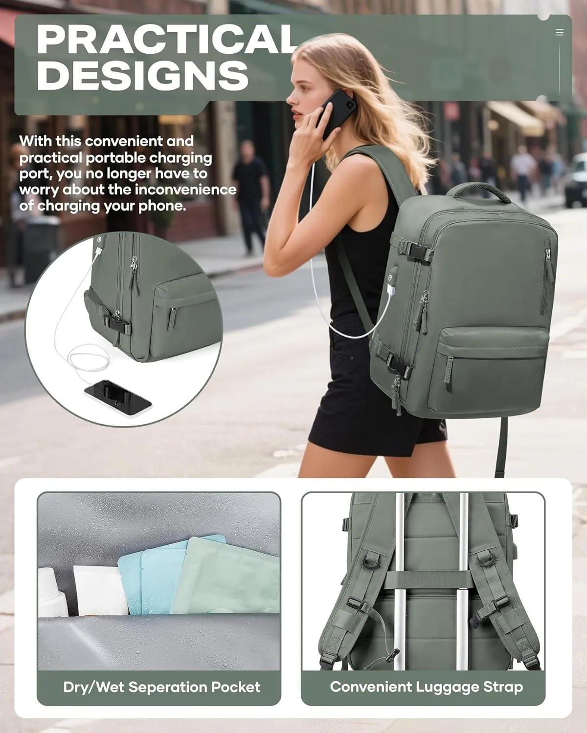 Travel Vacuum Backpack for Women Men, Large 18148IN Carry on Luggage Spirit United Flight Approved, Personal Item Travel Bag with Wet Dry Separation Pocket USB Charging, Green