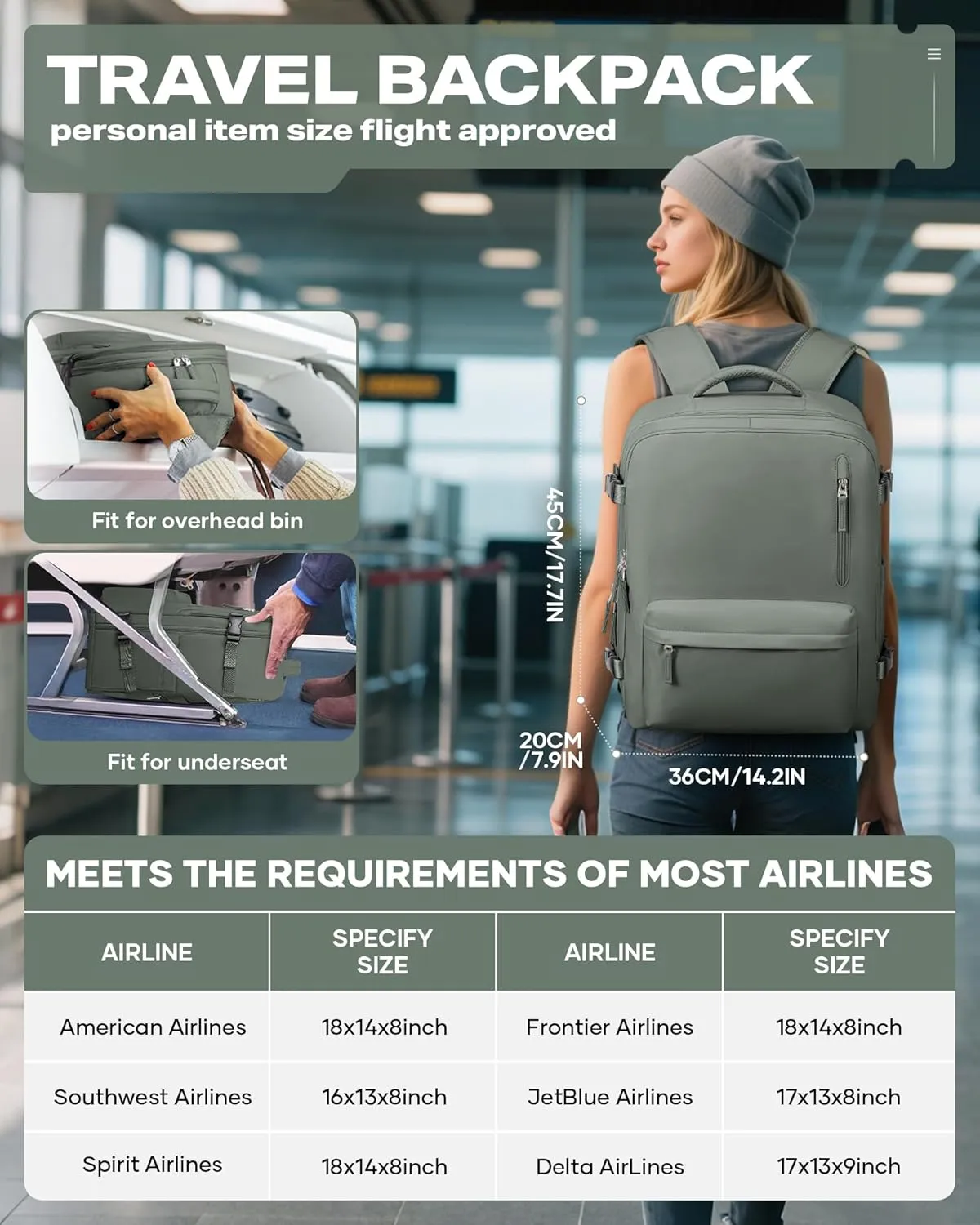 Travel Vacuum Backpack for Women Men, Large 18148IN Carry on Luggage Spirit United Flight Approved, Personal Item Travel Bag with Wet Dry Separation Pocket USB Charging, Green
