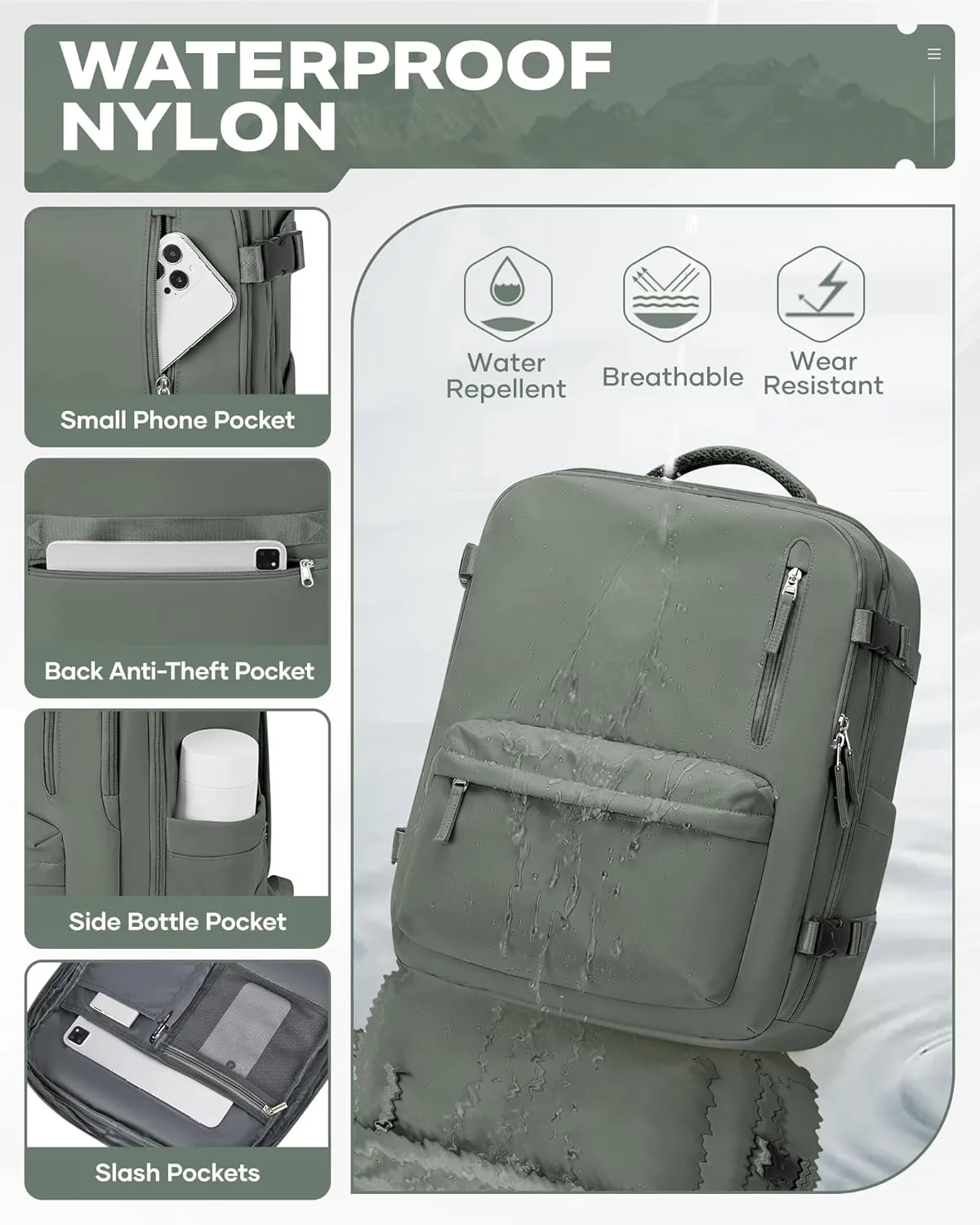 Travel Vacuum Backpack for Women Men, Large 18148IN Carry on Luggage Spirit United Flight Approved, Personal Item Travel Bag with Wet Dry Separation Pocket USB Charging, Green