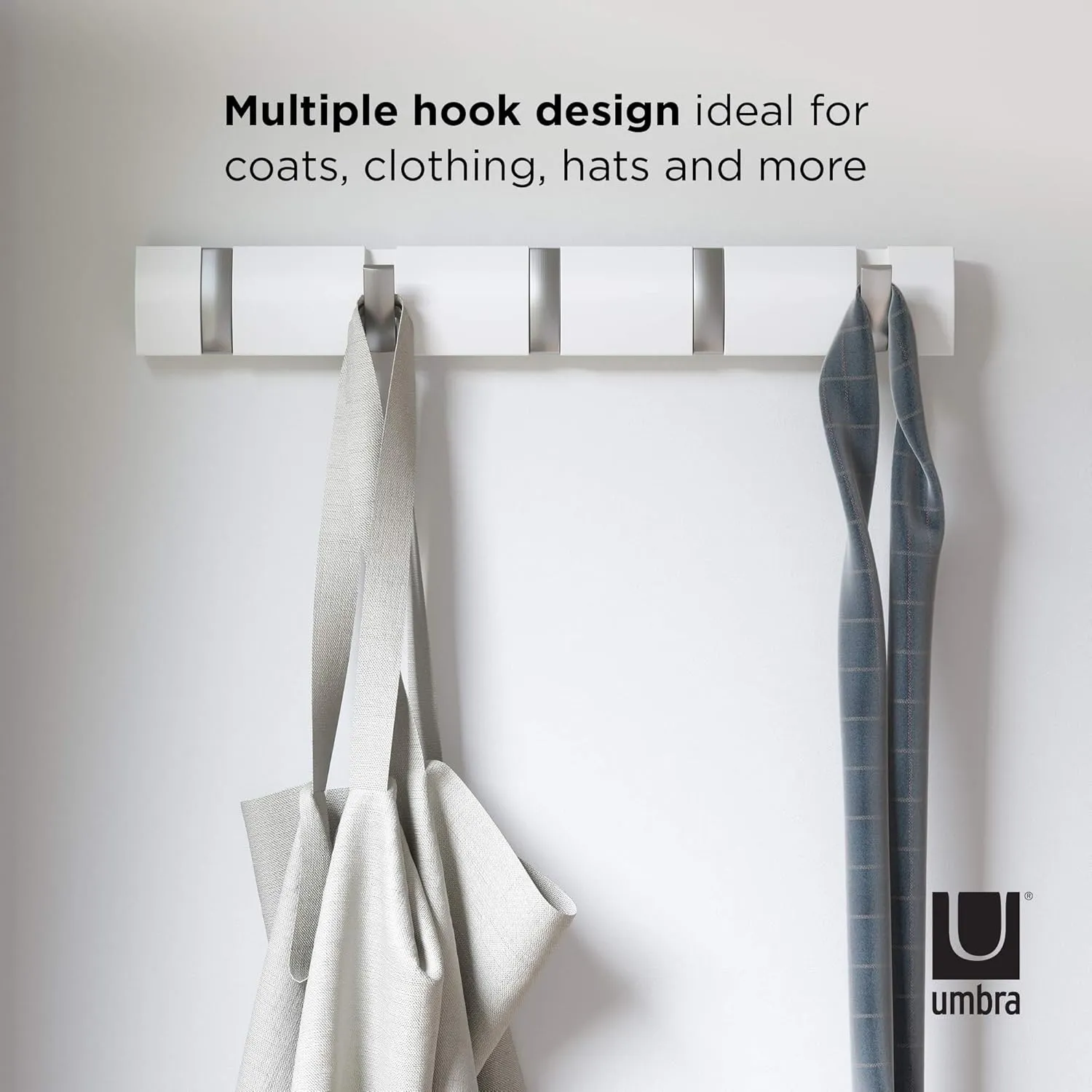Umbra Flip Wall-Mounted Coat Rack Rail Hook for Hats, Jackets, Bags and More  Modern, Space-Saving Storage Organizer for Entryway, Mudroom, Closet, Bathroom, Bedroom, Kids Room, or Nursery, 5 Hooks,