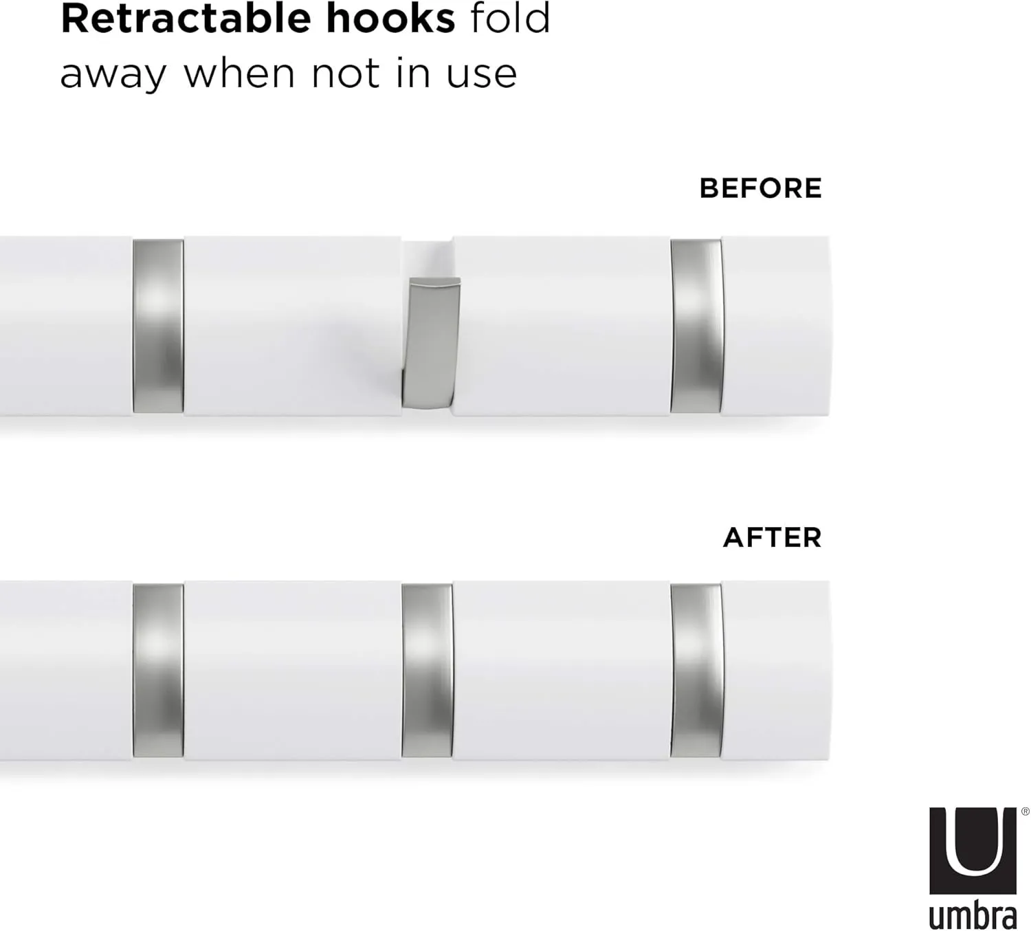 Umbra Flip Wall-Mounted Coat Rack Rail Hook for Hats, Jackets, Bags and More  Modern, Space-Saving Storage Organizer for Entryway, Mudroom, Closet, Bathroom, Bedroom, Kids Room, or Nursery, 5 Hooks,