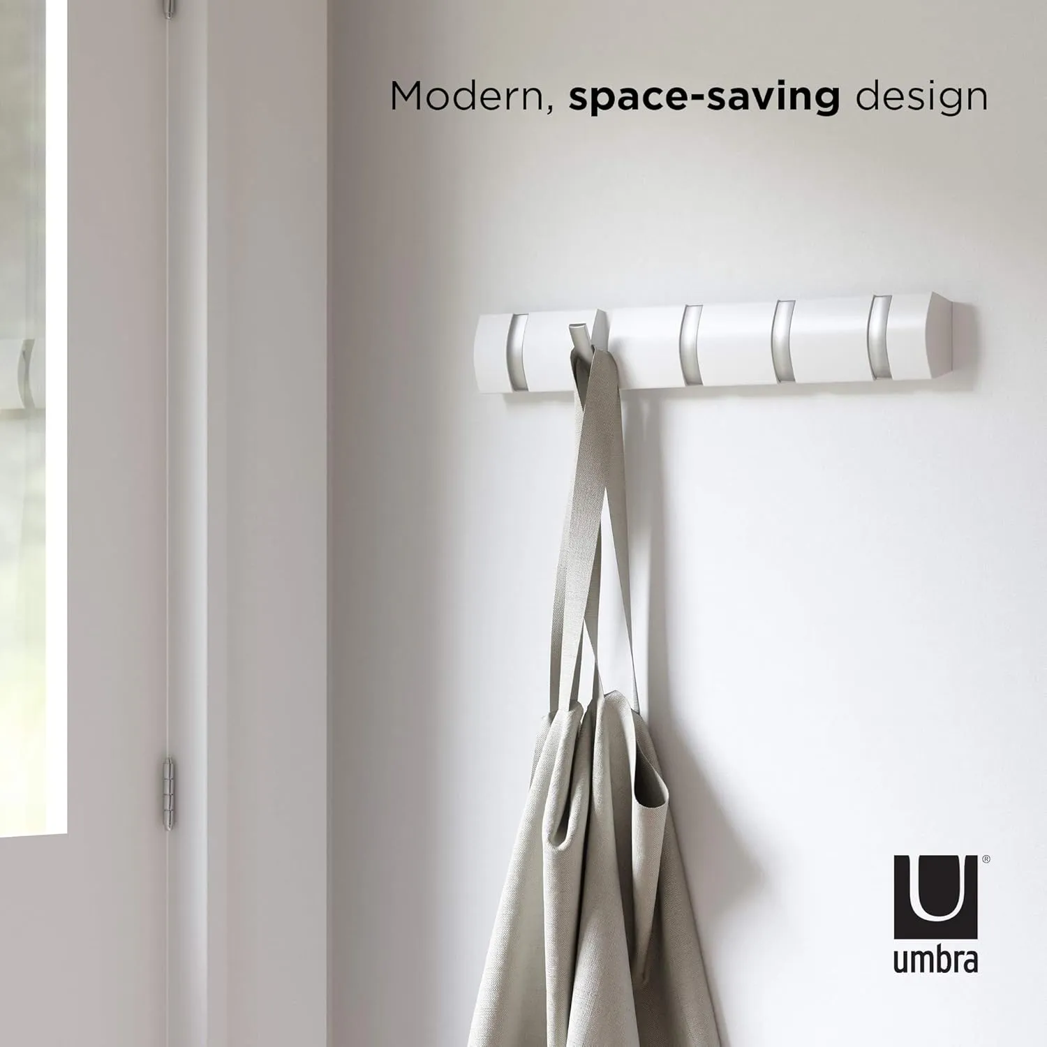 Umbra Flip Wall-Mounted Coat Rack Rail Hook for Hats, Jackets, Bags and More  Modern, Space-Saving Storage Organizer for Entryway, Mudroom, Closet, Bathroom, Bedroom, Kids Room, or Nursery, 5 Hooks,