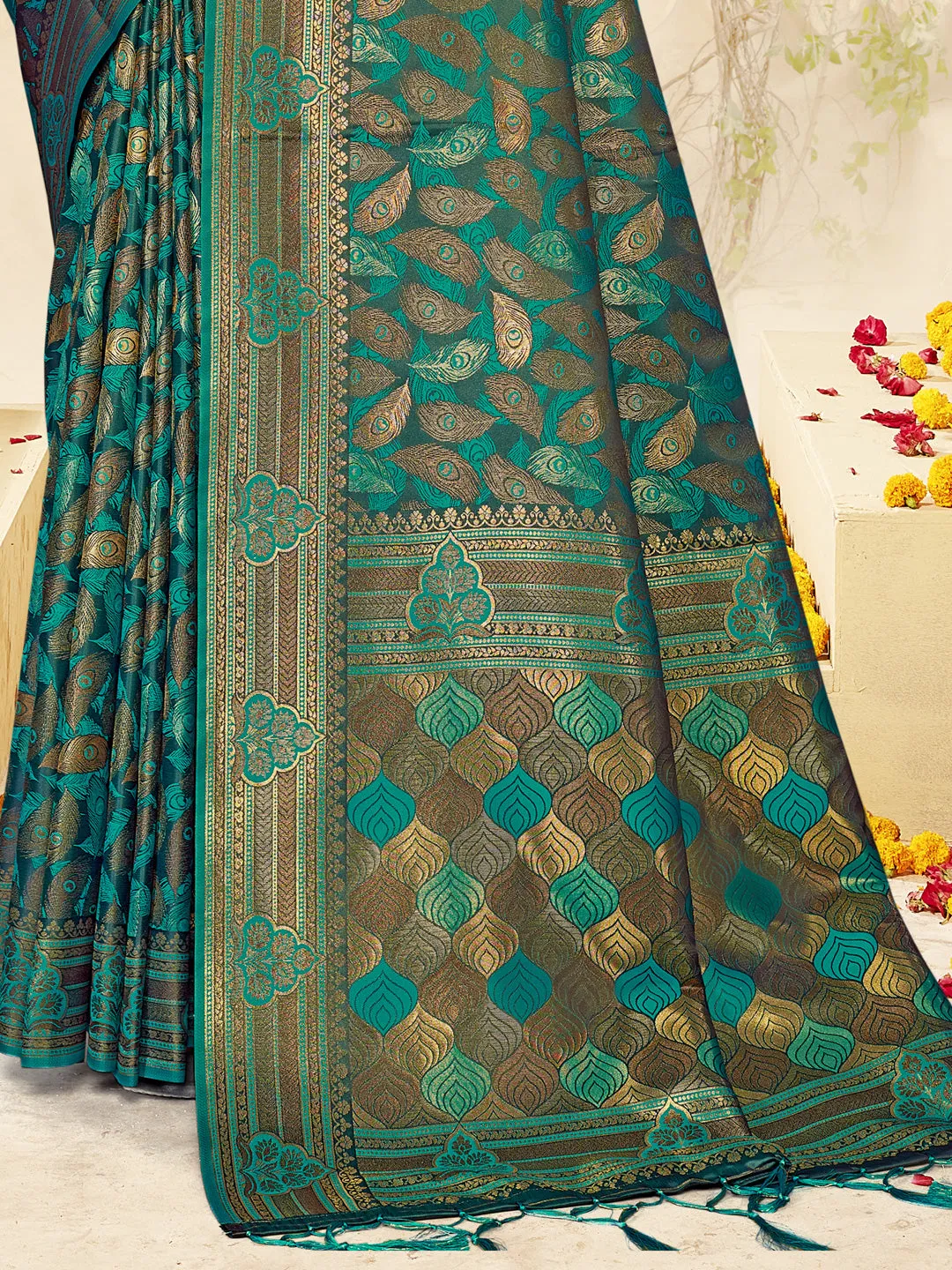 Women Green Satin Silk Saree With Un Stitched Blouse