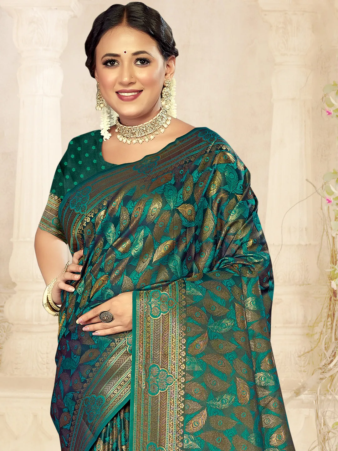 Women Green Satin Silk Saree With Un Stitched Blouse