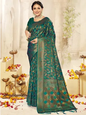 Women Green Satin Silk Saree With Un Stitched Blouse