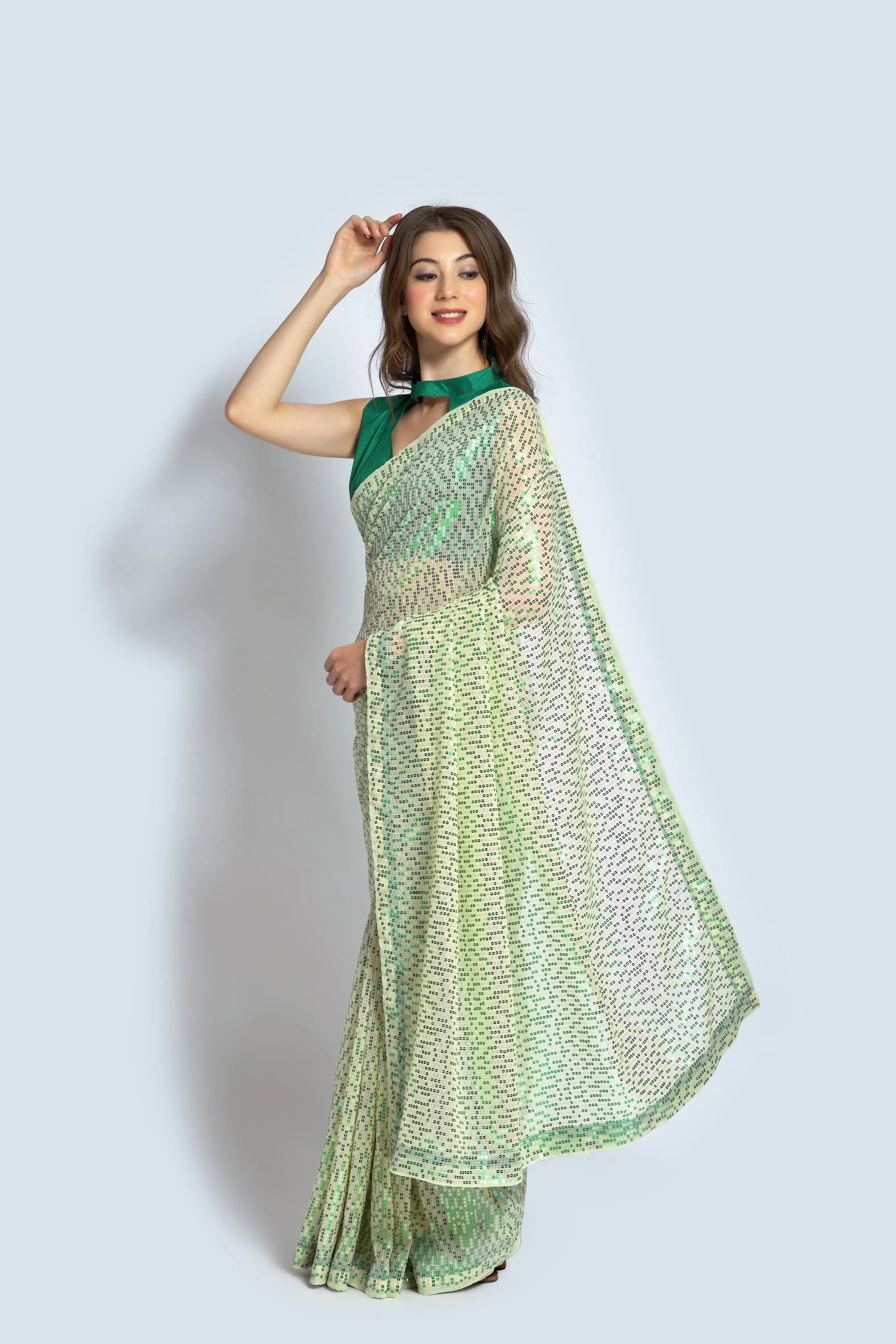 Women Party Wear Designer Green Colour Georgette Silk Fabric Sequence Embroidery Worked Saree Collection