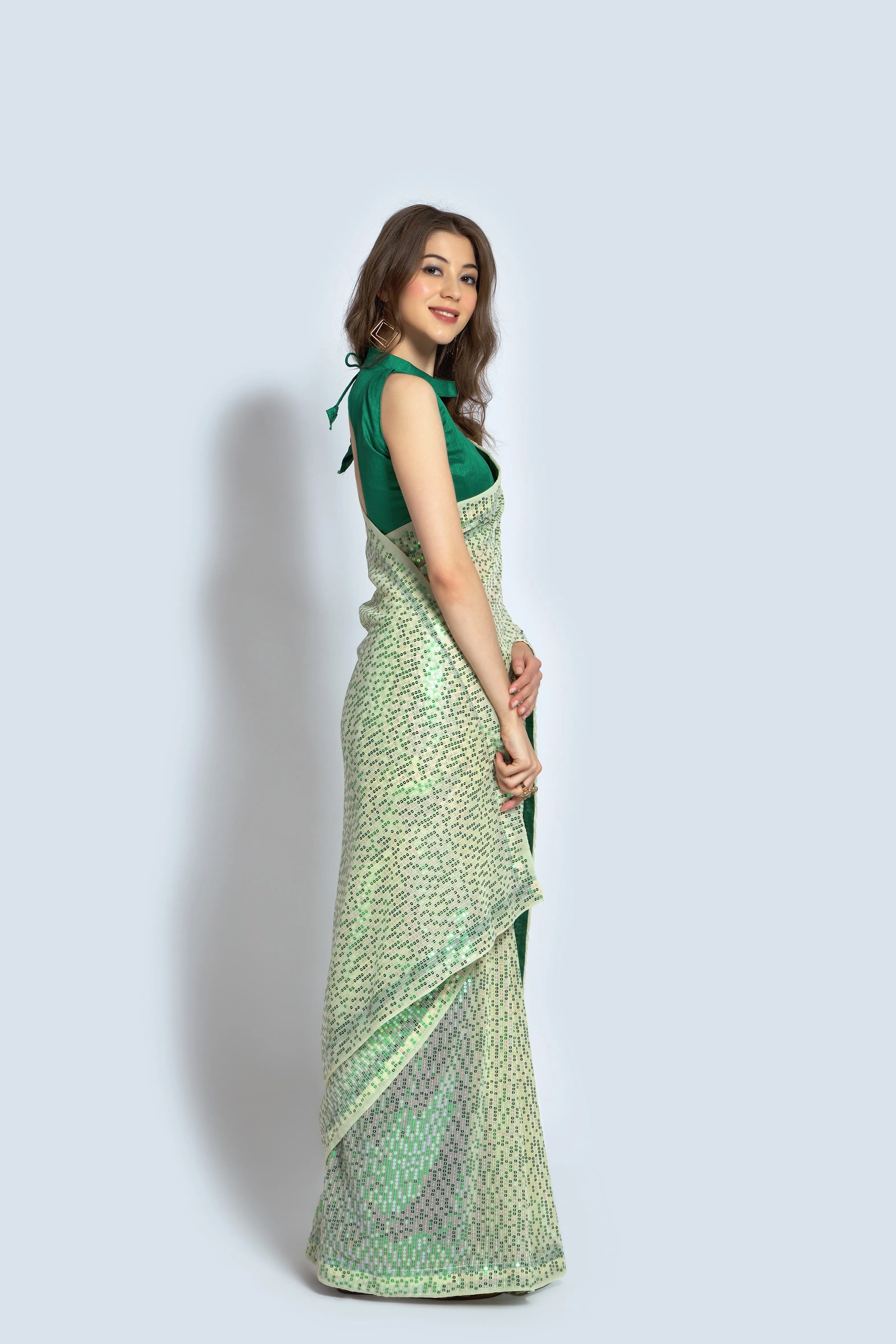 Women Party Wear Designer Green Colour Georgette Silk Fabric Sequence Embroidery Worked Saree Collection