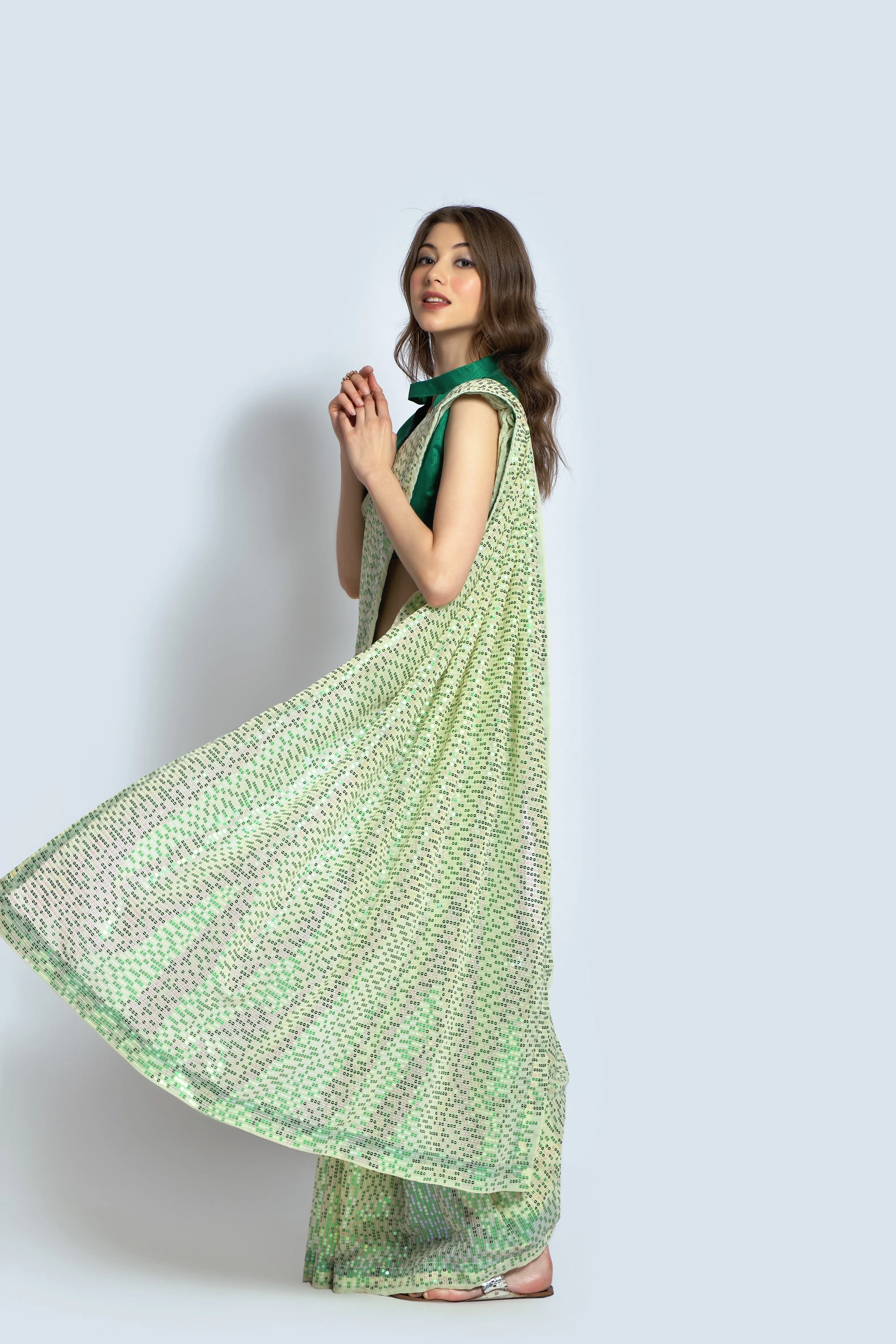 Women Party Wear Designer Green Colour Georgette Silk Fabric Sequence Embroidery Worked Saree Collection