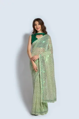 Women Party Wear Designer Green Colour Georgette Silk Fabric Sequence Embroidery Worked Saree Collection