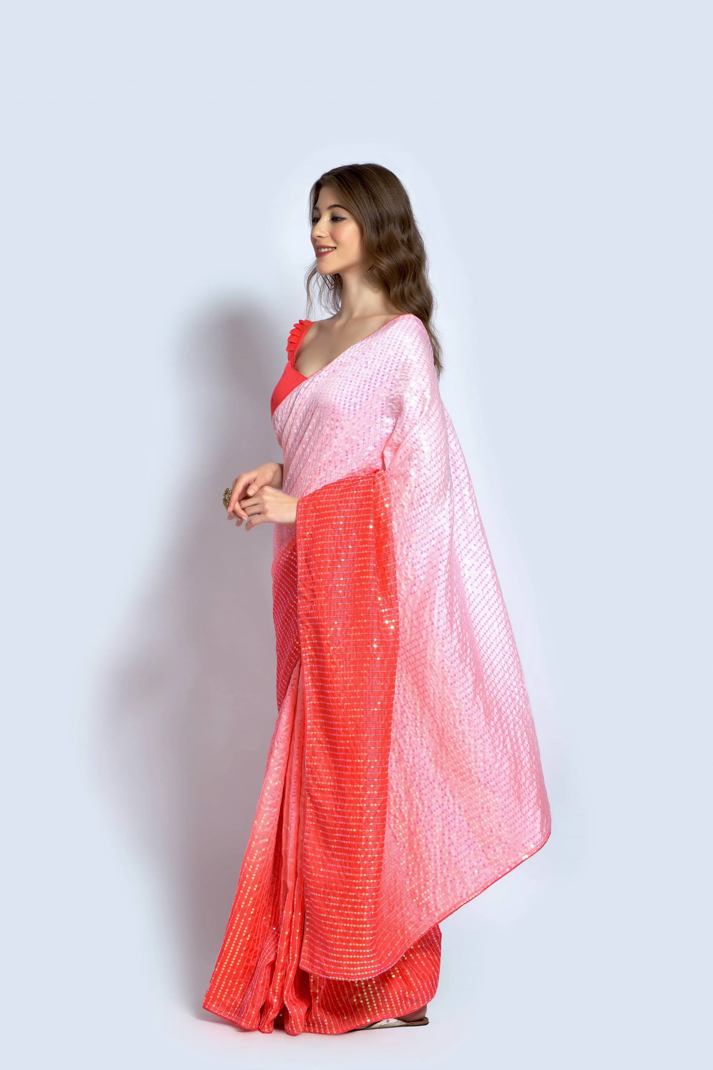 Women Party Wear Designer Peach & Off white Colour Vichitra Silk Fabric Sequence Embroidery Worked Saree Collection